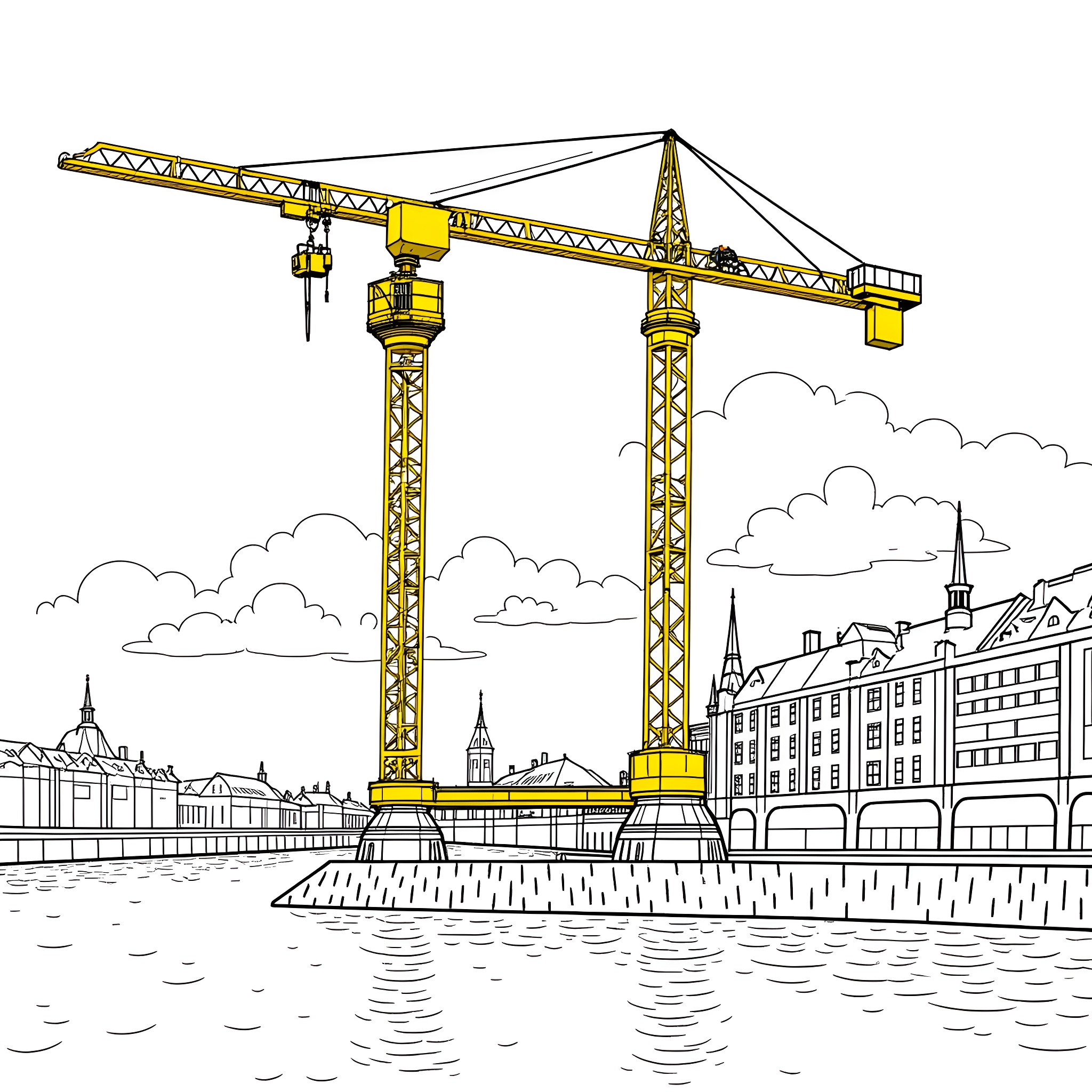 Spider-Man swings through the city skyline with construction cranes Coloring Page (free black-and-white line drawing printable PDF for all, from beginners to advanced learners, including children, teens, adults, and seniors)