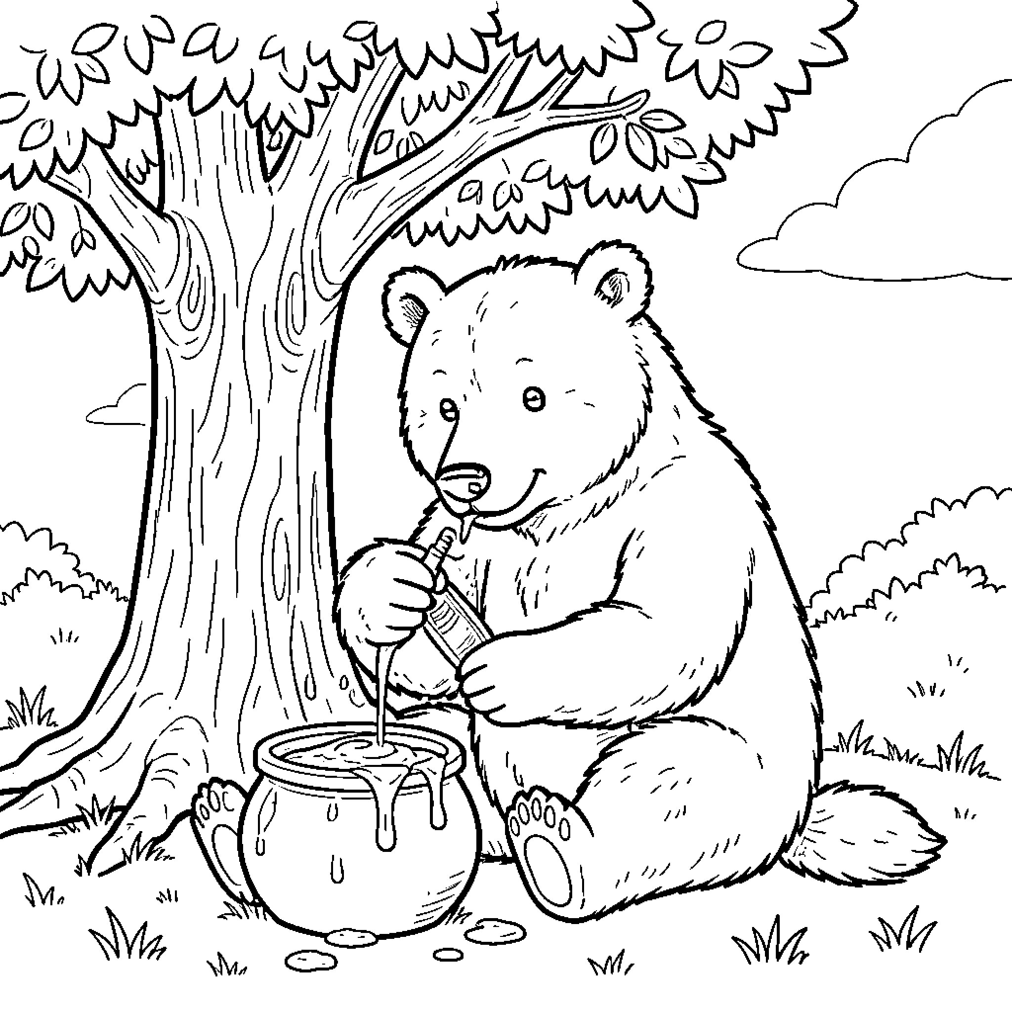 Bear eating honey from a jar under a tree Coloring Page (free black-and-white line drawing printable PDF for all, from beginners to advanced learners, including children, teens, adults, and seniors)