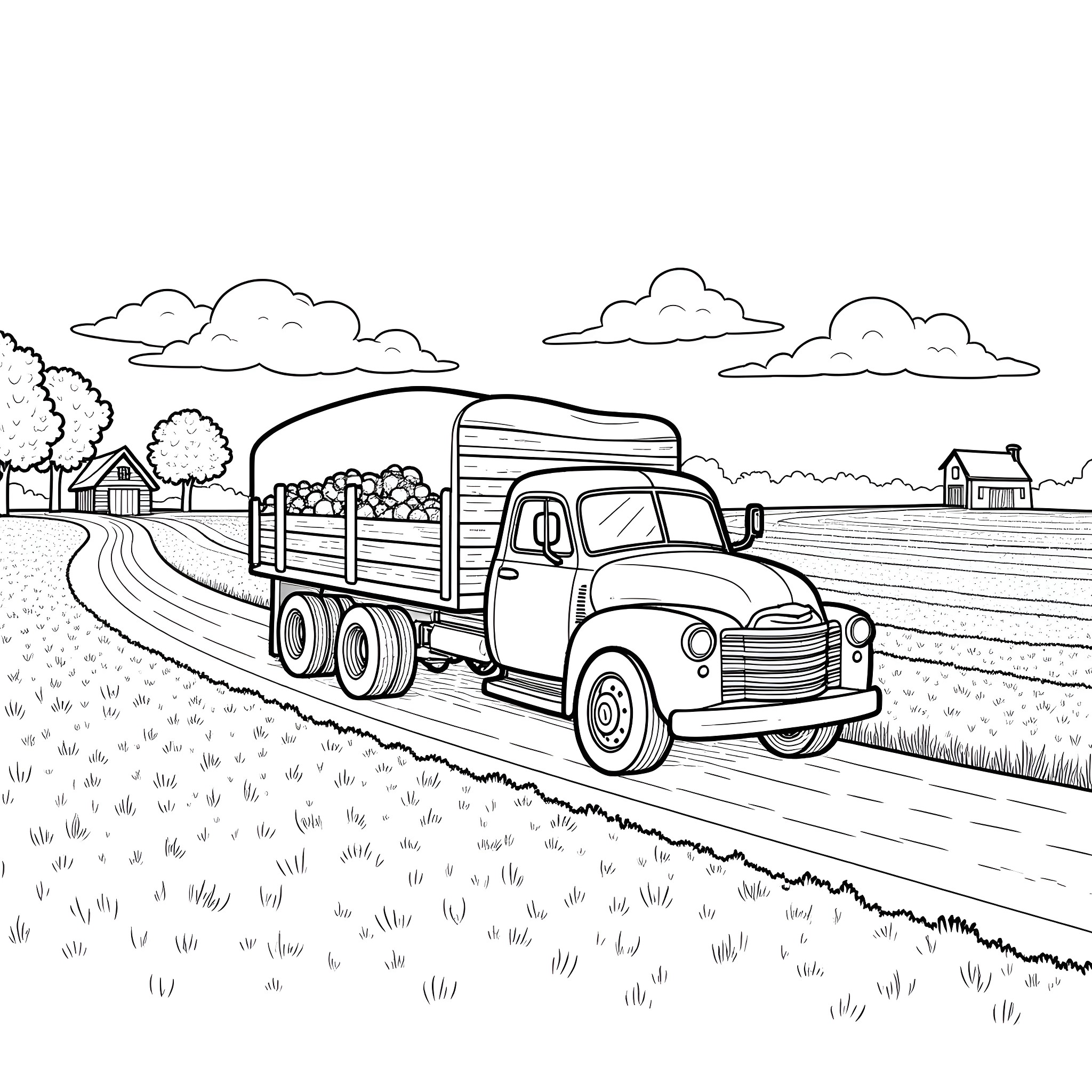 Truck transporting goods through rural landscape Coloring Page (free black-and-white line drawing printable PDF for all, from beginners to advanced learners, including children, teens, adults, and seniors)