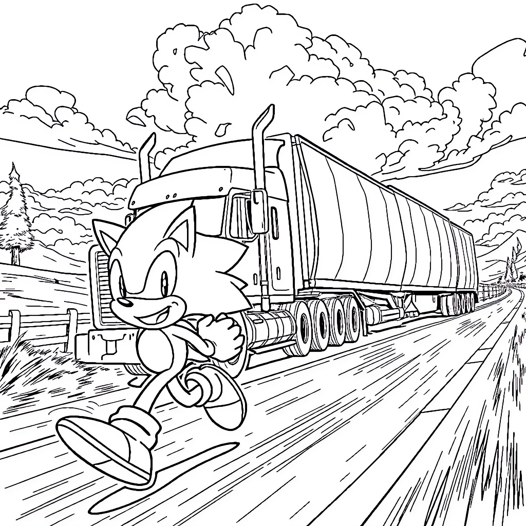 Sonic riding on a speeding truck on the highway Coloring Page (free black-and-white line drawing printable PDF for all, from beginners to advanced learners, including children, teens, adults, and seniors)