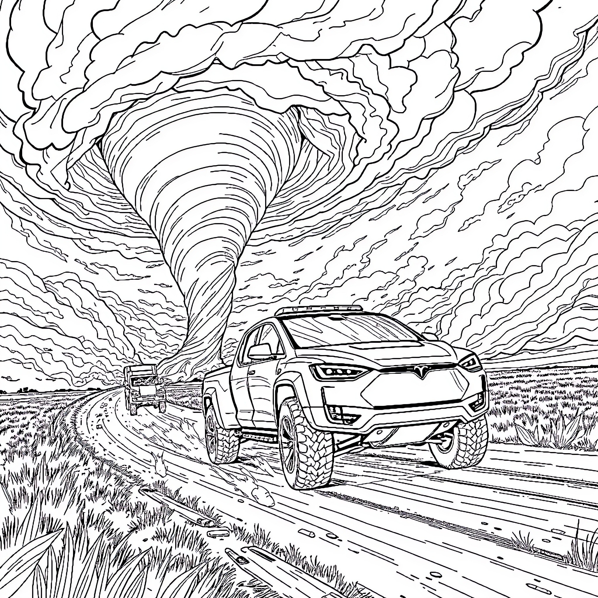 Tesla vehicle navigating through a dramatic storm landscape Coloring Page (free black-and-white line drawing printable PDF for all, from beginners to advanced learners, including children, teens, adults, and seniors)