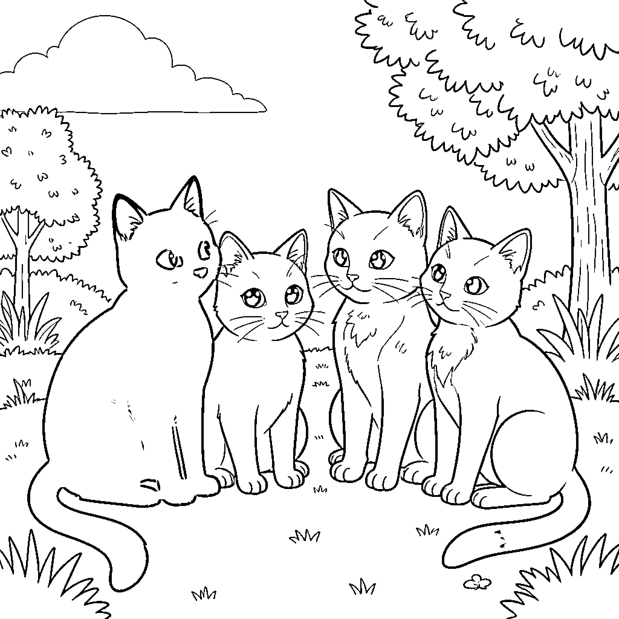 Cats sitting together in the outdoors Coloring Page (free black-and-white line drawing printable PDF for all, from beginners to advanced learners, including children, teens, adults, and seniors)
