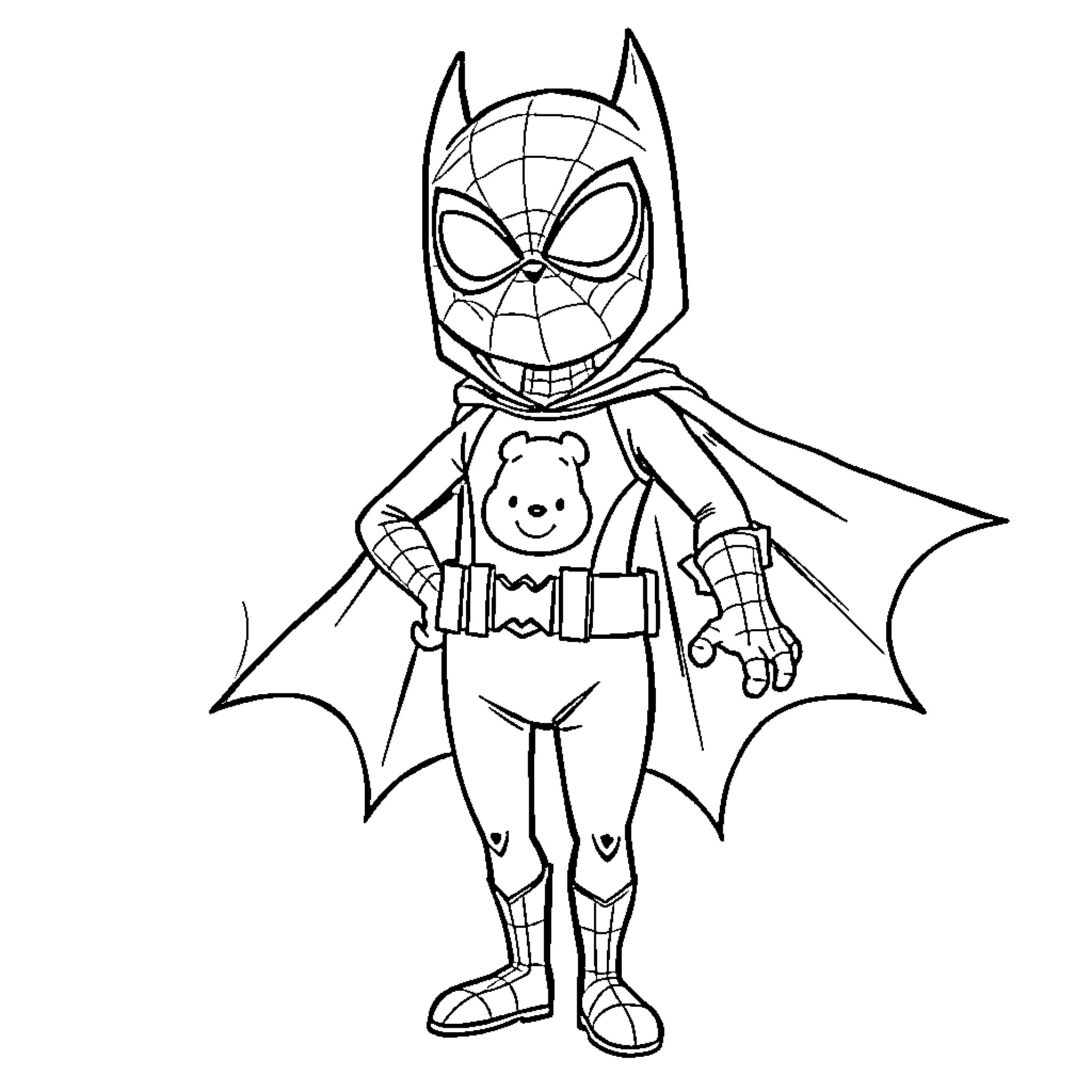 Spiderman Superhero in Teddy Bear Costume Coloring Page (free black-and-white line drawing printable PDF for all, from beginners to advanced learners, including children, teens, adults, and seniors)