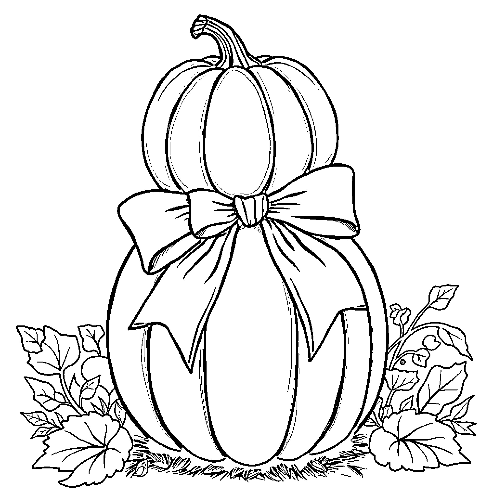 Pumpkin with a decorative bow and autumn leaves Coloring Page (free black-and-white line drawing printable PDF for all, from beginners to advanced learners, including children, teens, adults, and seniors)