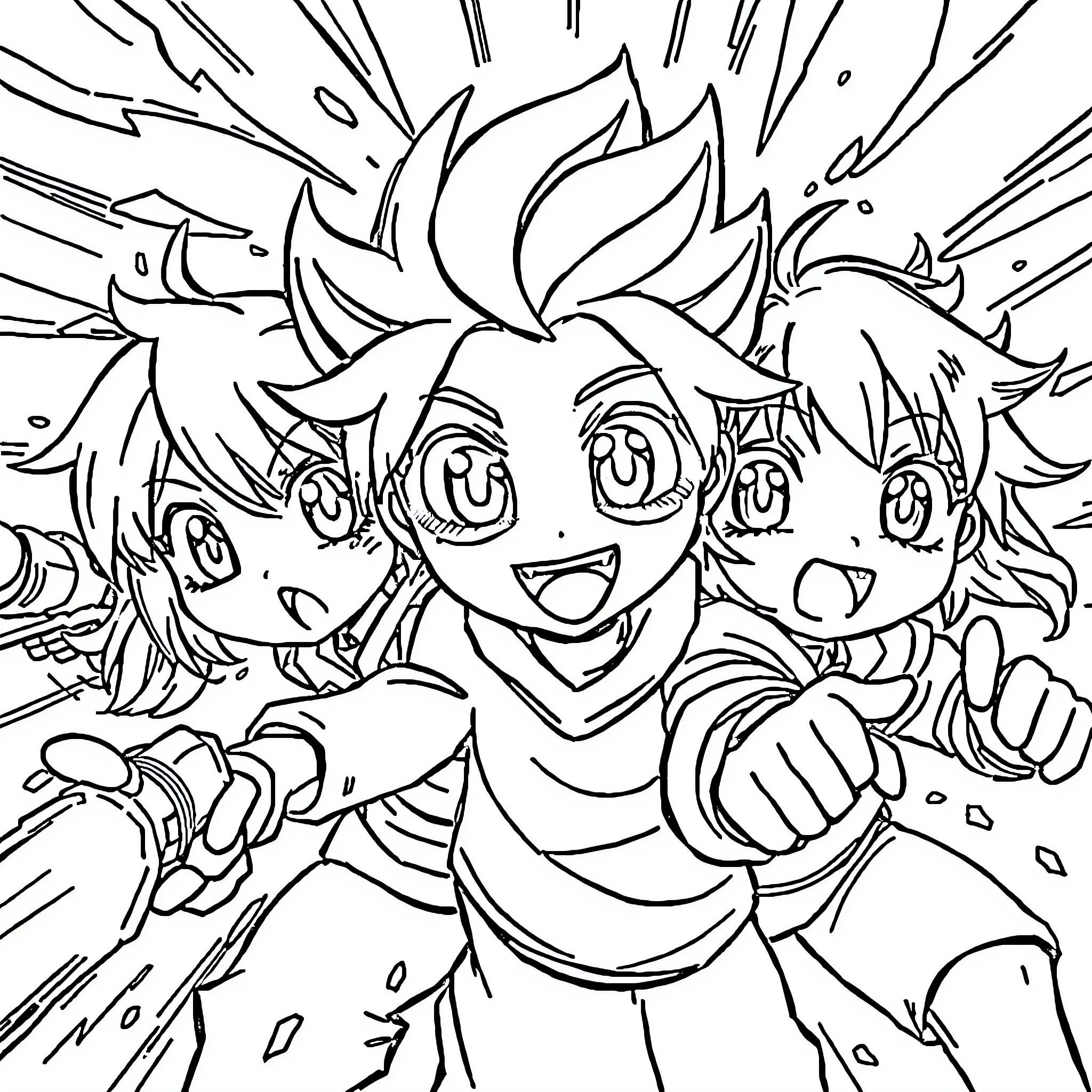 Anime Characters Engaging in Energetic Action Coloring Page (free black-and-white line drawing printable PDF for all, from beginners to advanced learners, including children, teens, adults, and seniors)
