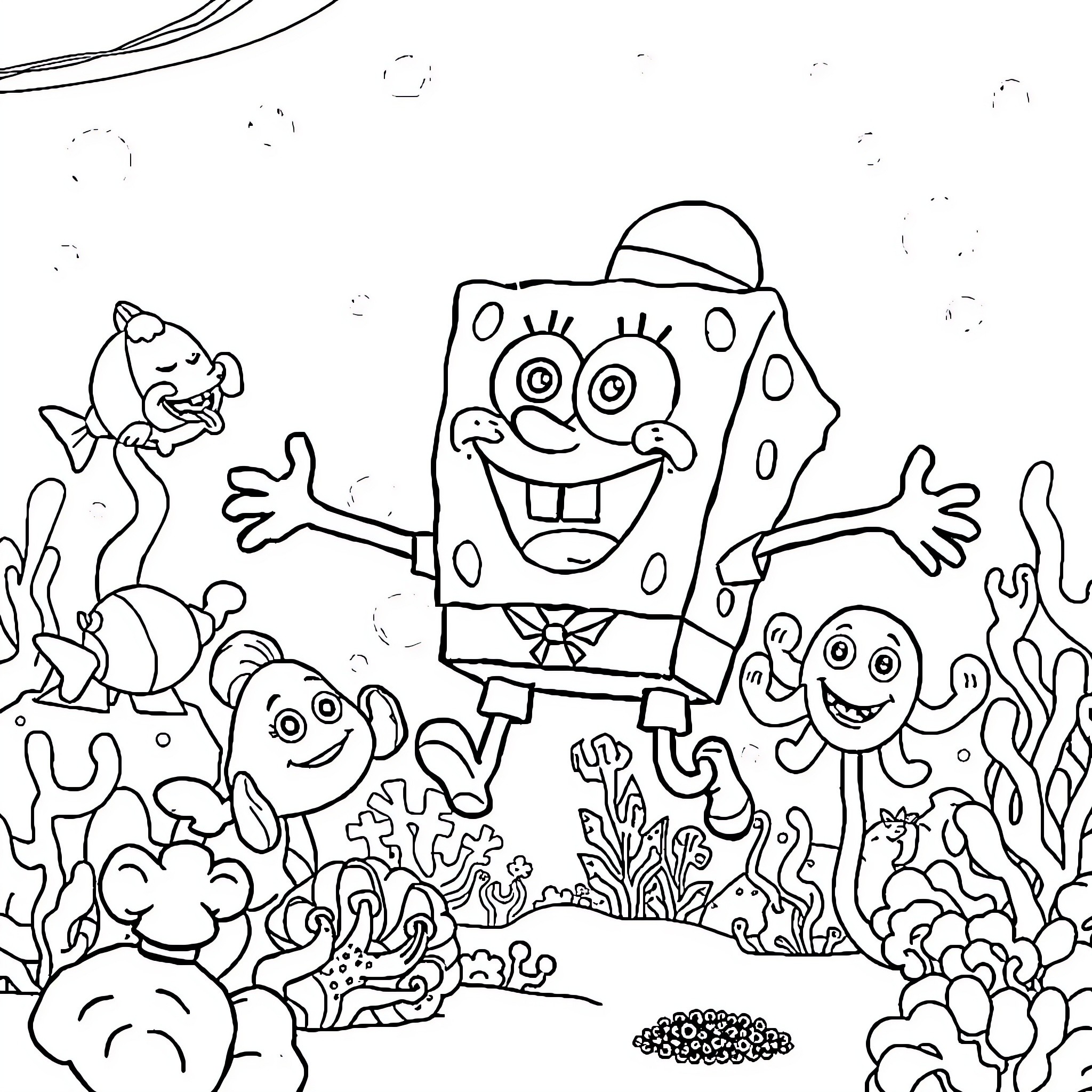 Spongebob and friends having fun underwater adventure Coloring Page (free black-and-white line drawing printable PDF for all, from beginners to advanced learners, including children, teens, adults, and seniors)