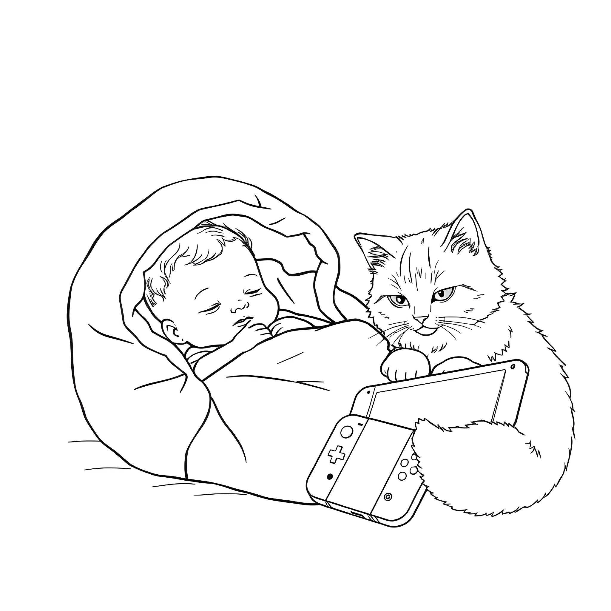 Baby sleeping with a playful cat Coloring Page (free black-and-white line drawing printable PDF for all, from beginners to advanced learners, including children, teens, adults, and seniors)