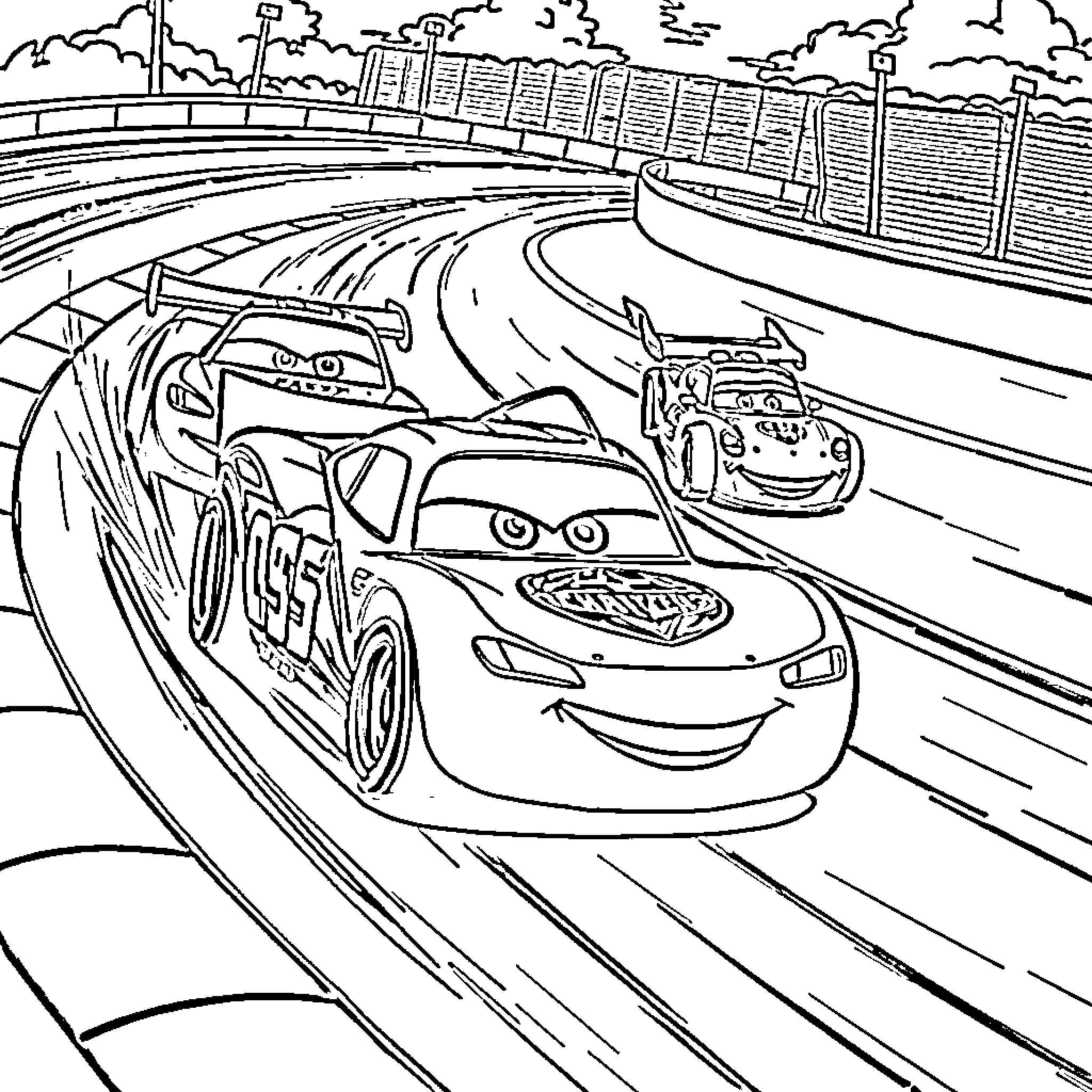 Cars racing on winding track Coloring Page (free black-and-white line drawing printable PDF for all, from beginners to advanced learners, including children, teens, adults, and seniors)