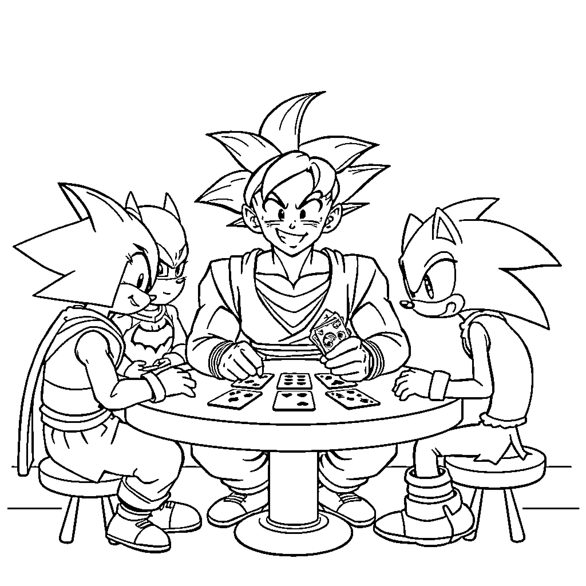 Goku and friends playing cards together Coloring Page (free black-and-white line drawing printable PDF for all, from beginners to advanced learners, including children, teens, adults, and seniors)
