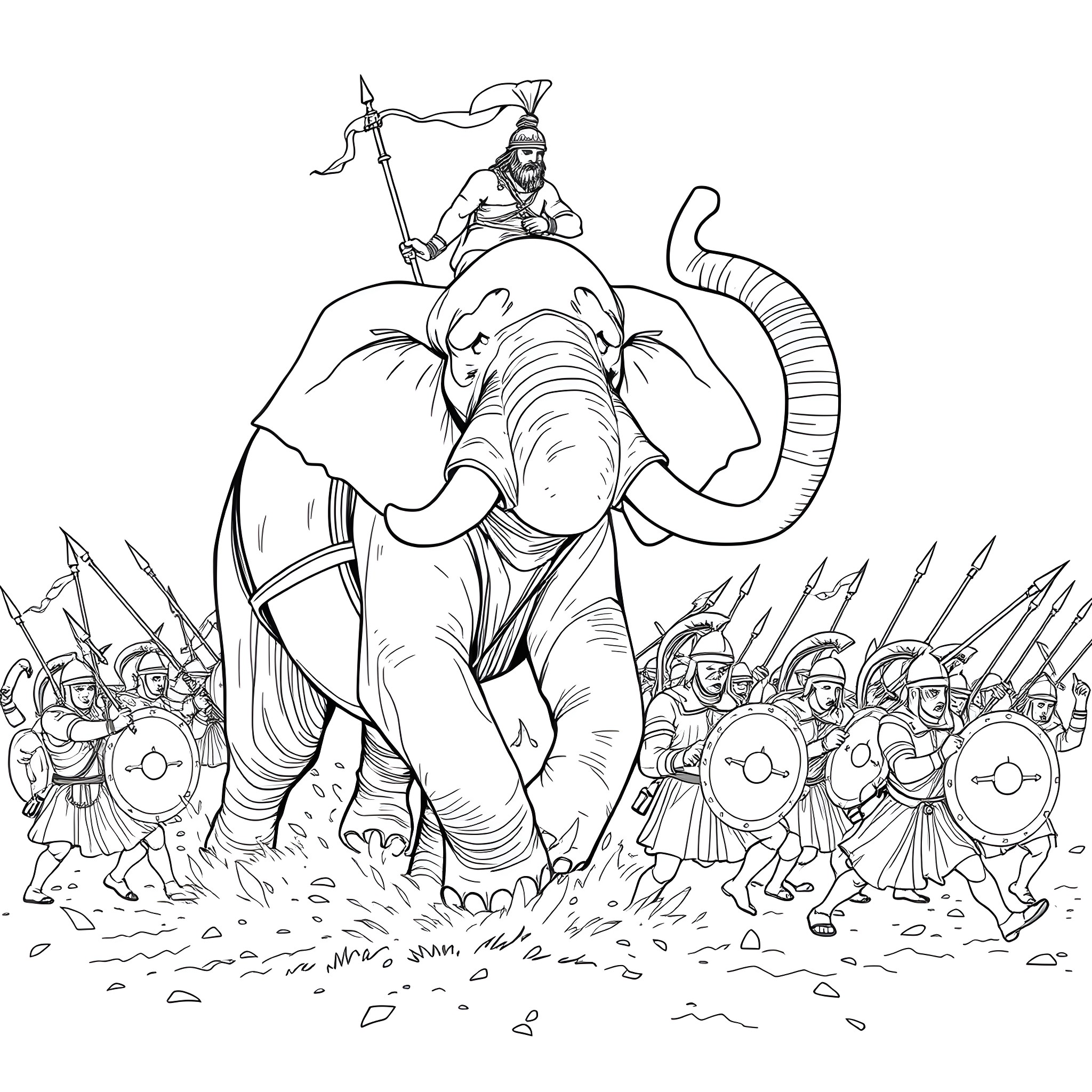 Elephant leading a warrior army into battle Coloring Page (free black-and-white line drawing printable PDF for all, from beginners to advanced learners, including children, teens, adults, and seniors)