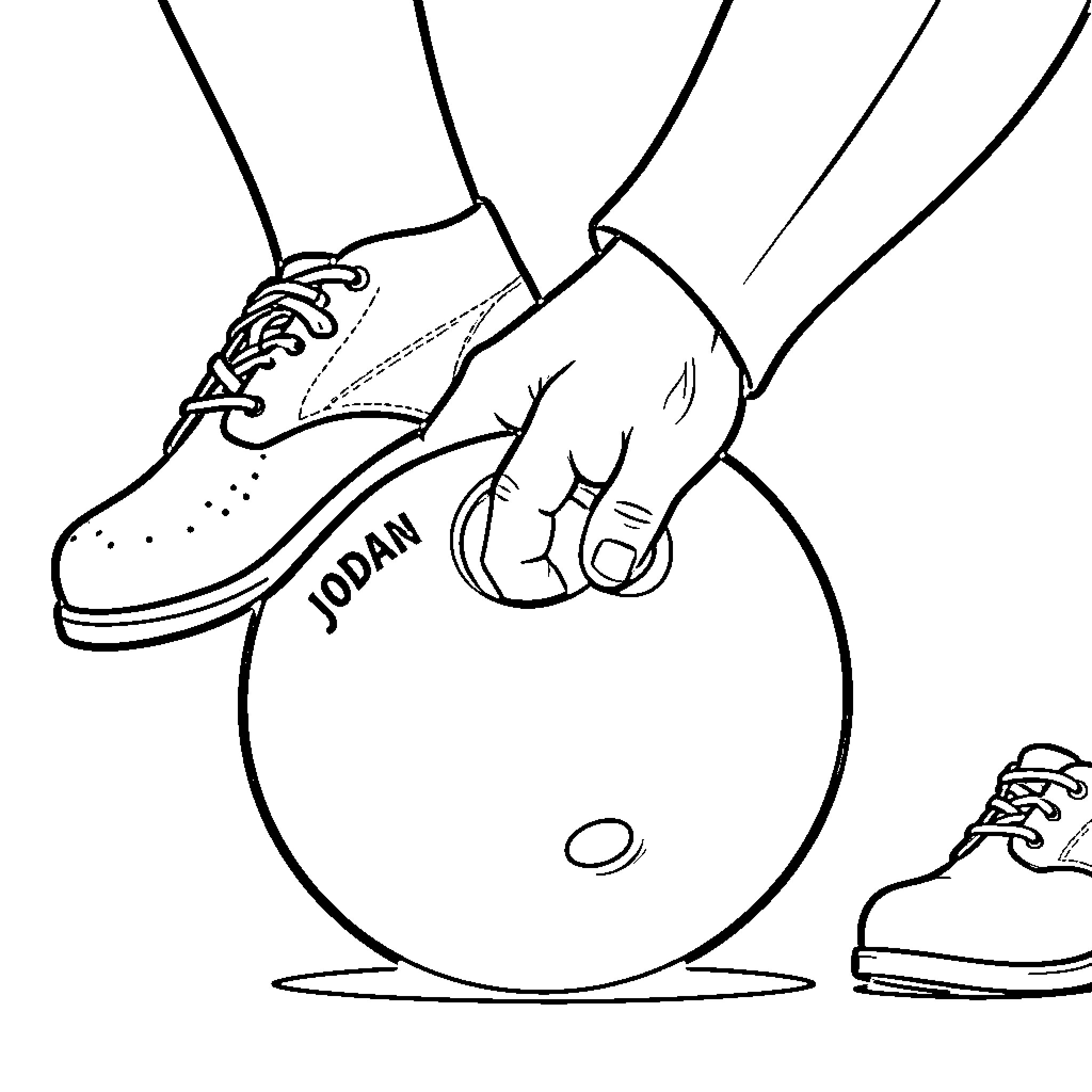 Bowling Ball held by a person in shoes Coloring Page (free black-and-white line drawing printable PDF for all, from beginners to advanced learners, including children, teens, adults, and seniors)