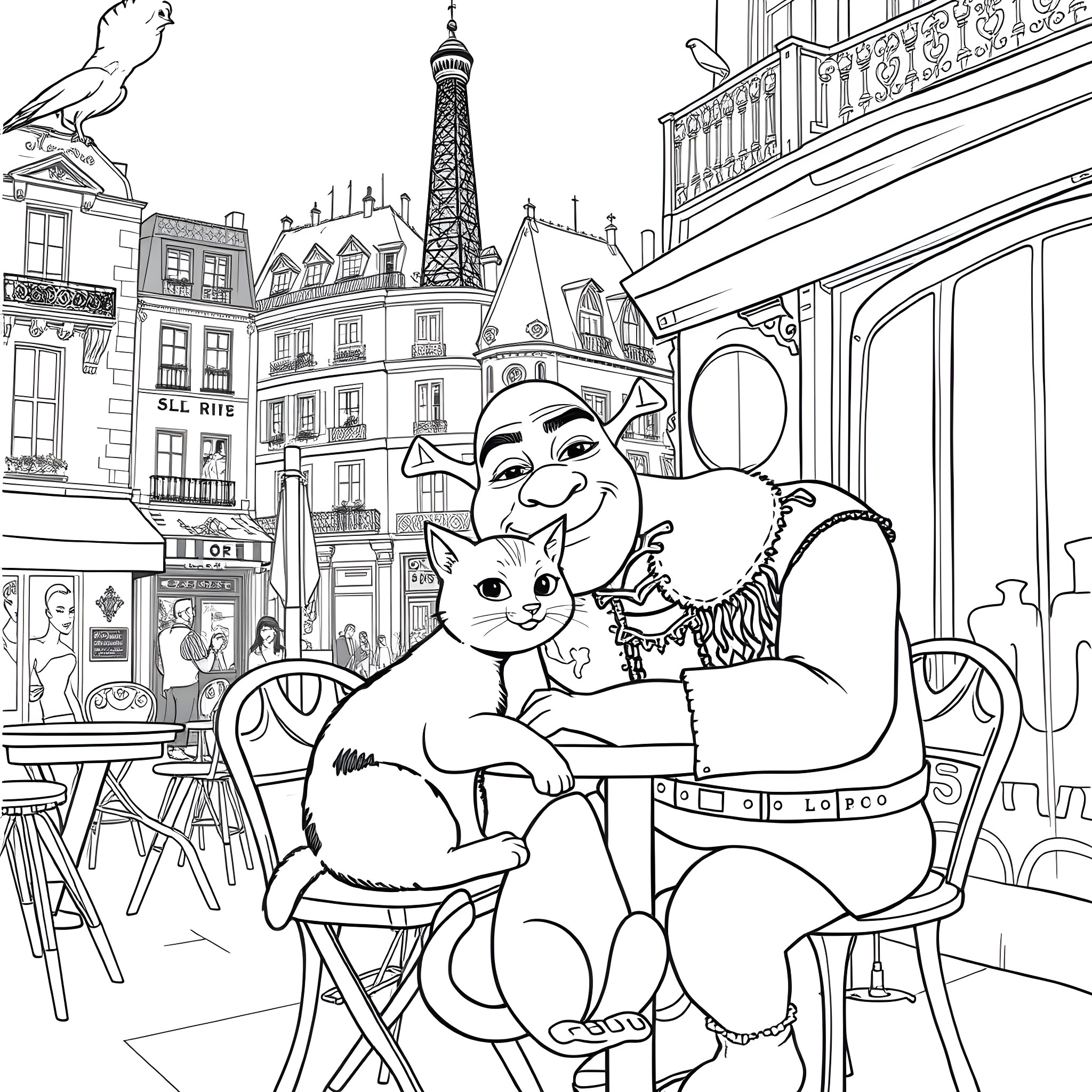 Shrek enjoying a cozy cafe in Paris with his cat friend Coloring Page (free black-and-white line drawing printable PDF for all, from beginners to advanced learners, including children, teens, adults, and seniors)