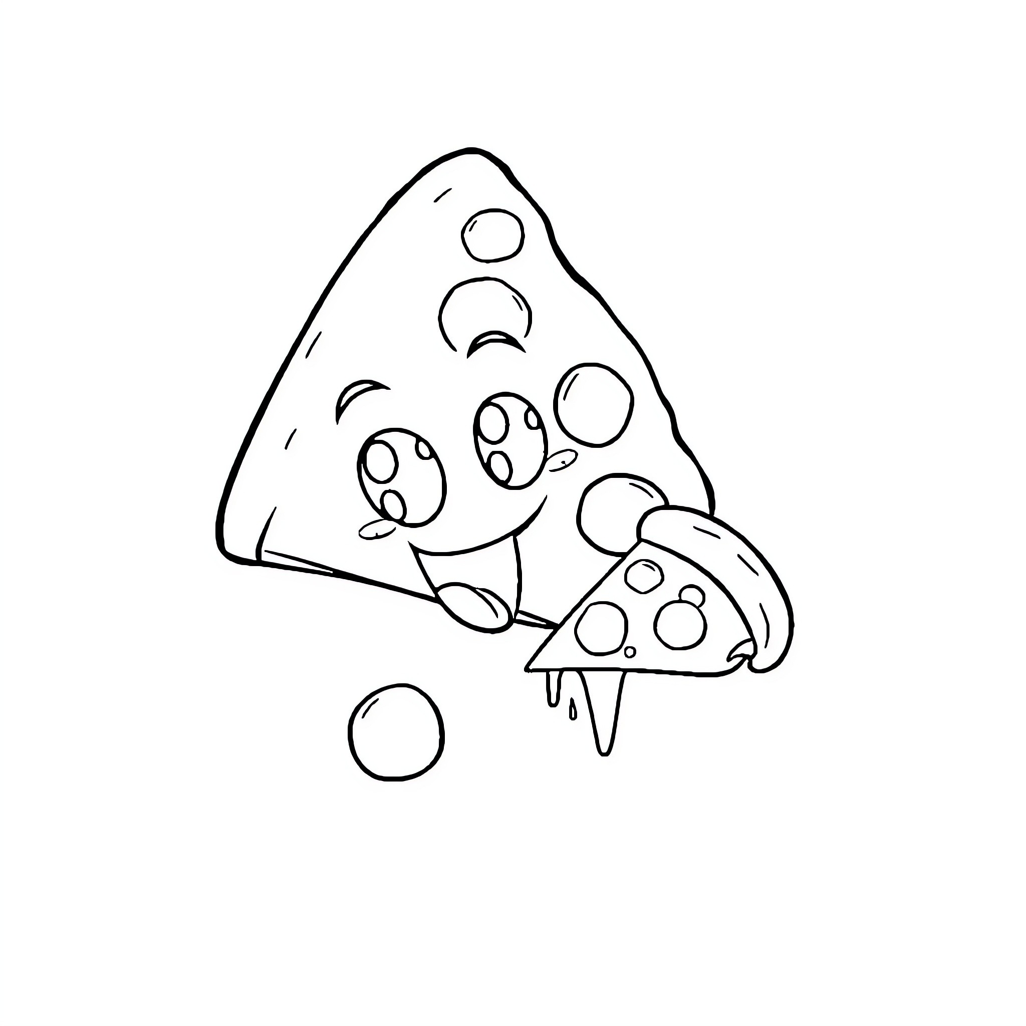 Pizza slices enjoying a playful day Coloring Page (free black-and-white line drawing printable PDF for all, from beginners to advanced learners, including children, teens, adults, and seniors)