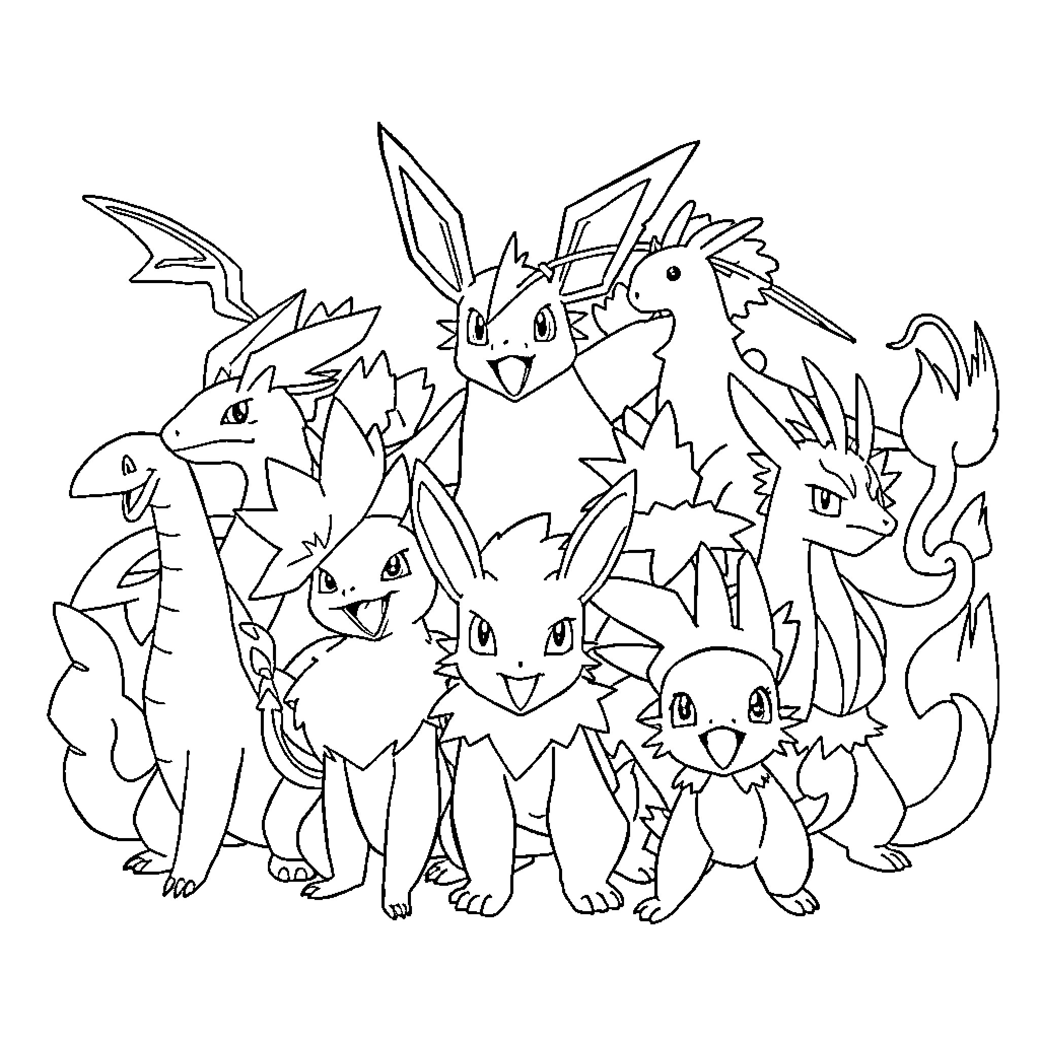 Pokémon characters gathered together in an energetic scene Coloring Page (free black-and-white line drawing printable PDF for all, from beginners to advanced learners, including children, teens, adults, and seniors)