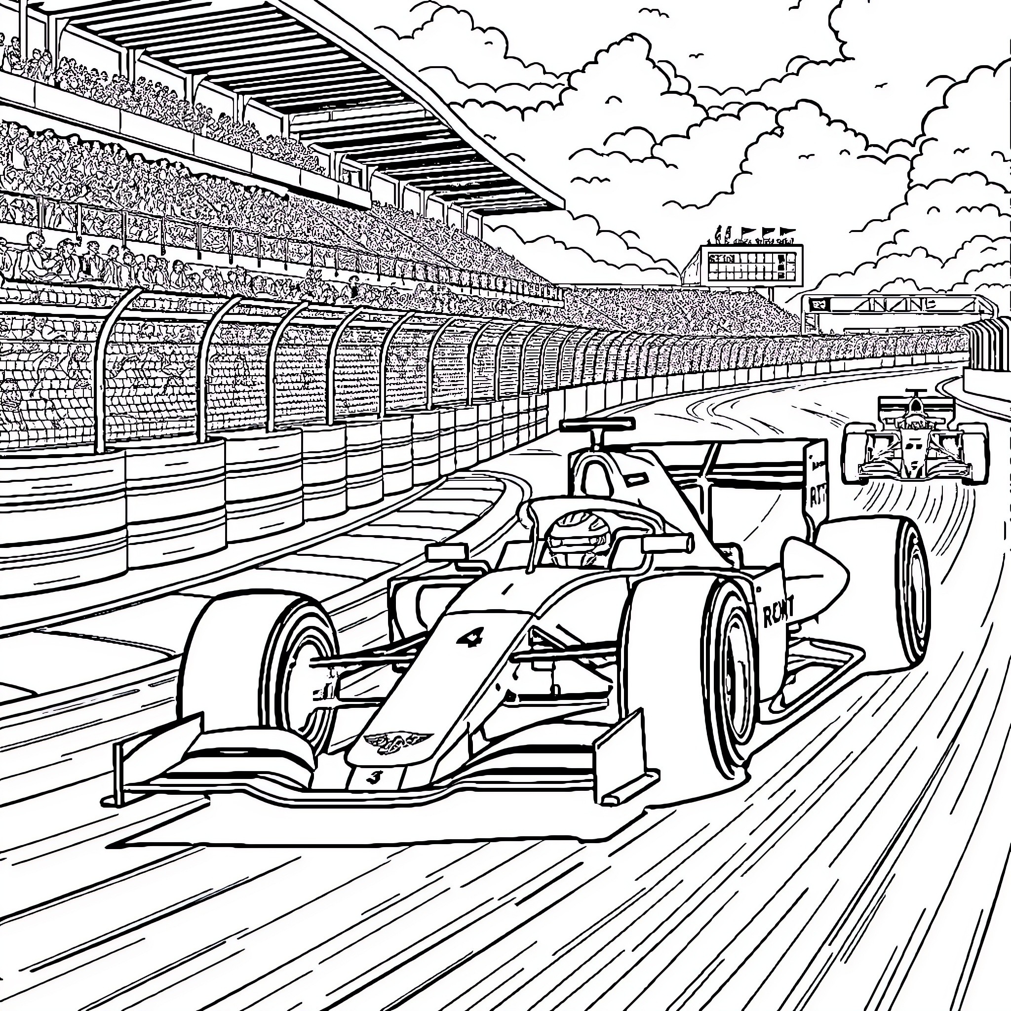 Formula 1 Racing Action on the Circuit Coloring Page (free black-and-white line drawing printable PDF for all, from beginners to advanced learners, including children, teens, adults, and seniors)