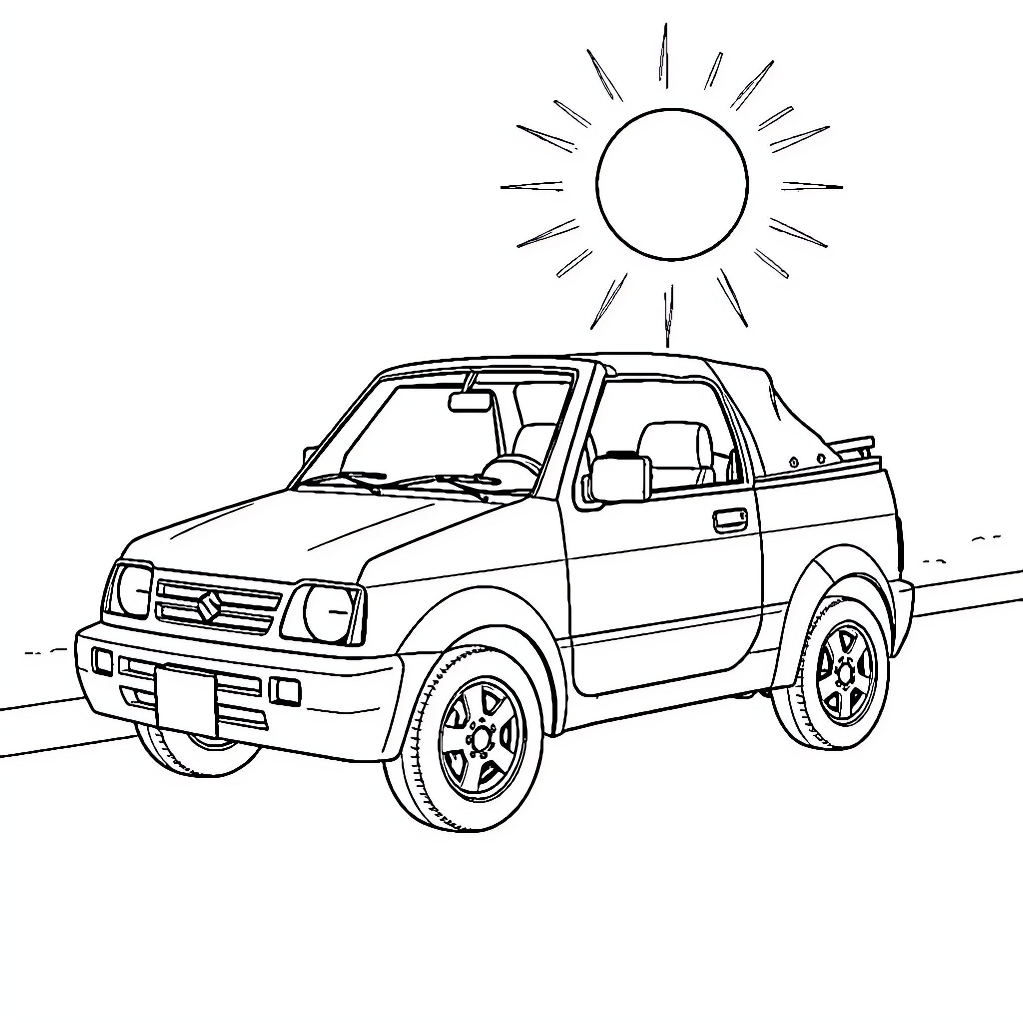 Suzuki off-road vehicle in sunny landscape Coloring Page (free black-and-white line drawing printable PDF for all, from beginners to advanced learners, including children, teens, adults, and seniors)
