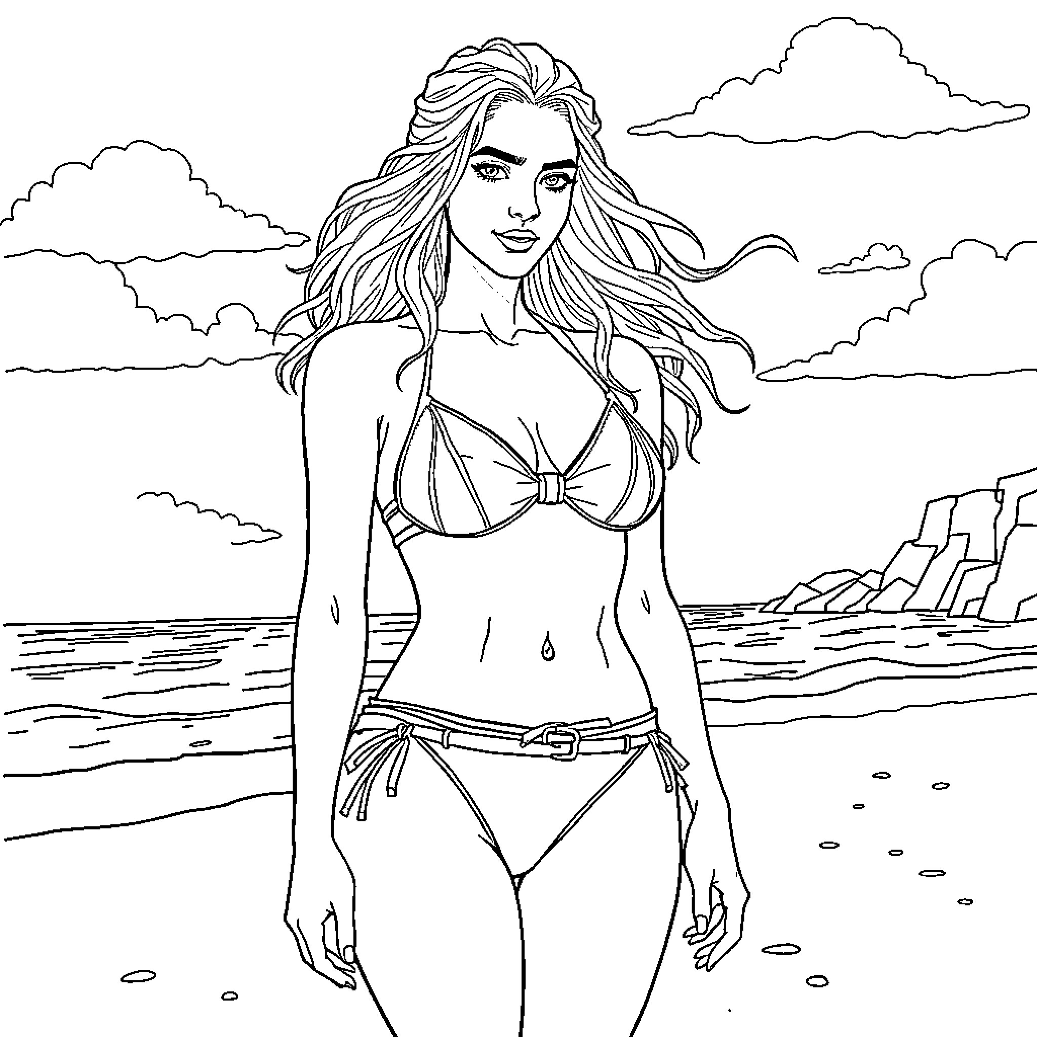 Daenerys in a serene beach setting Coloring Page (free black-and-white line drawing printable PDF for all, from beginners to advanced learners, including children, teens, adults, and seniors)