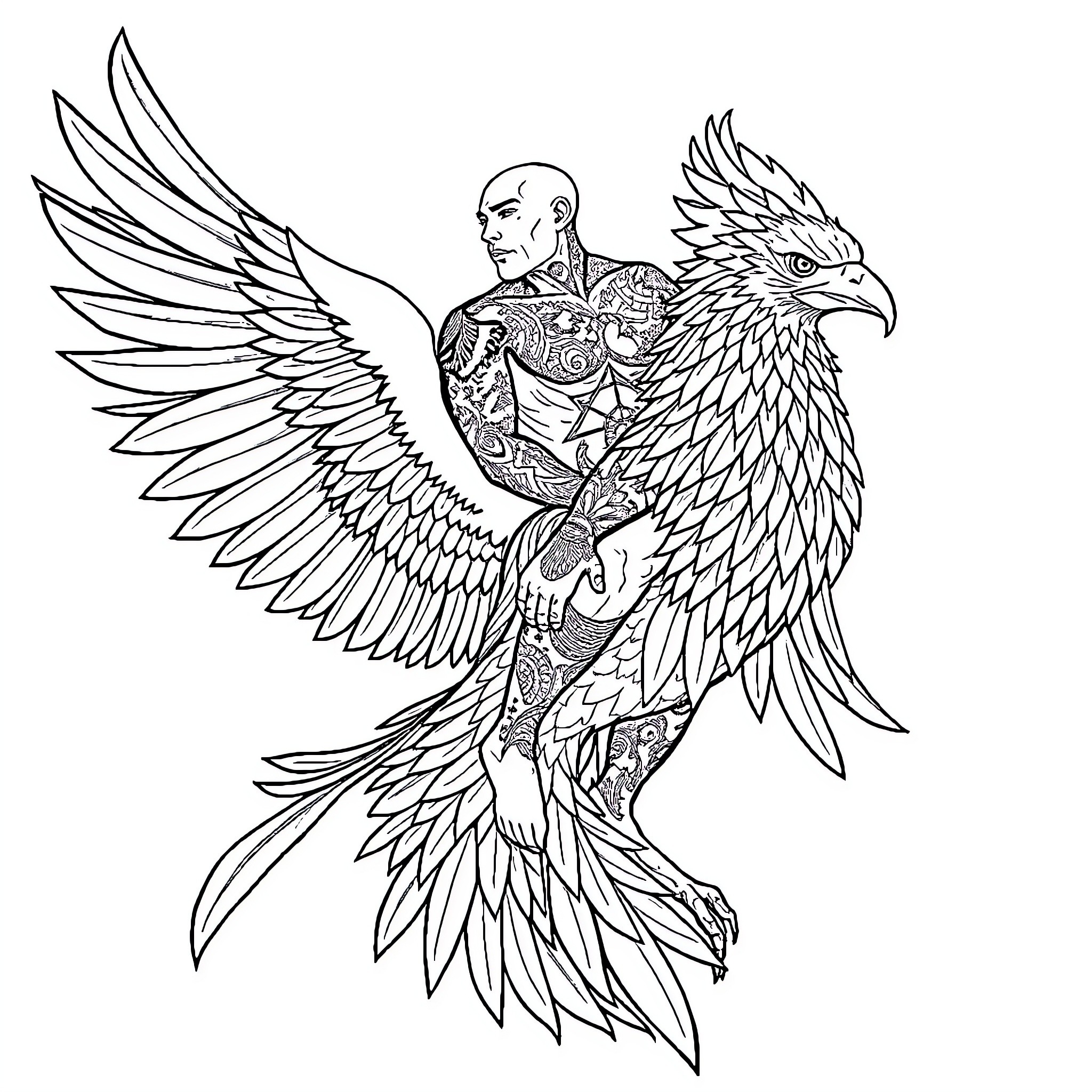 Bald Man with Tattoos Riding a Majestic Eagle Coloring Page (free black-and-white line drawing printable PDF for all, from beginners to advanced learners, including children, teens, adults, and seniors)