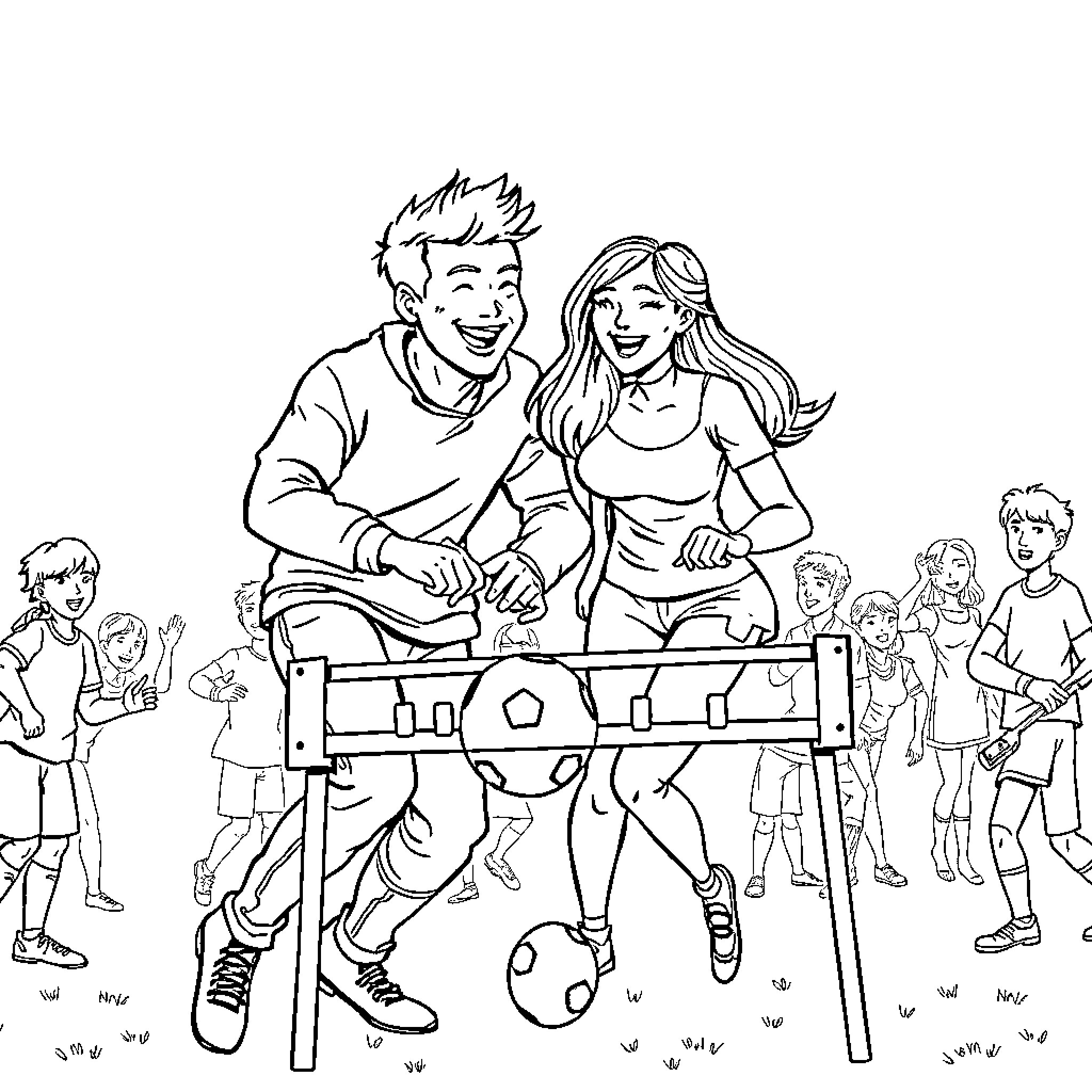 Man and Woman Playing on Sports Equipment Coloring Page (free black-and-white line drawing printable PDF for all, from beginners to advanced learners, including children, teens, adults, and seniors)