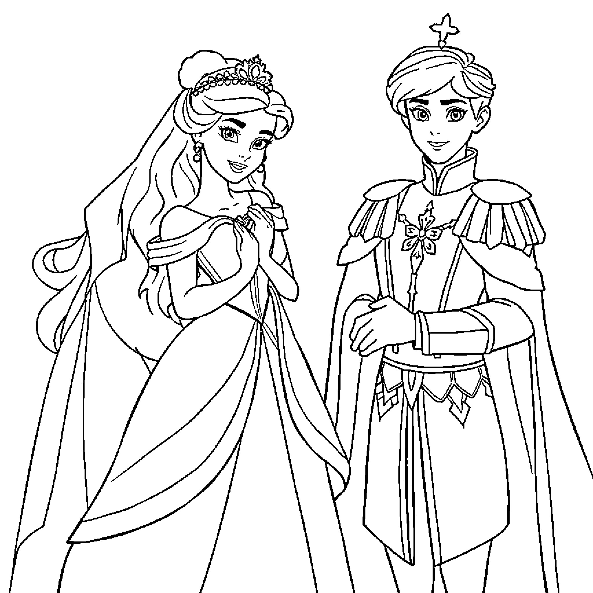 Princess and Prince in Formal Attire Coloring Page (free black-and-white line drawing printable PDF for all, from beginners to advanced learners, including children, teens, adults, and seniors)