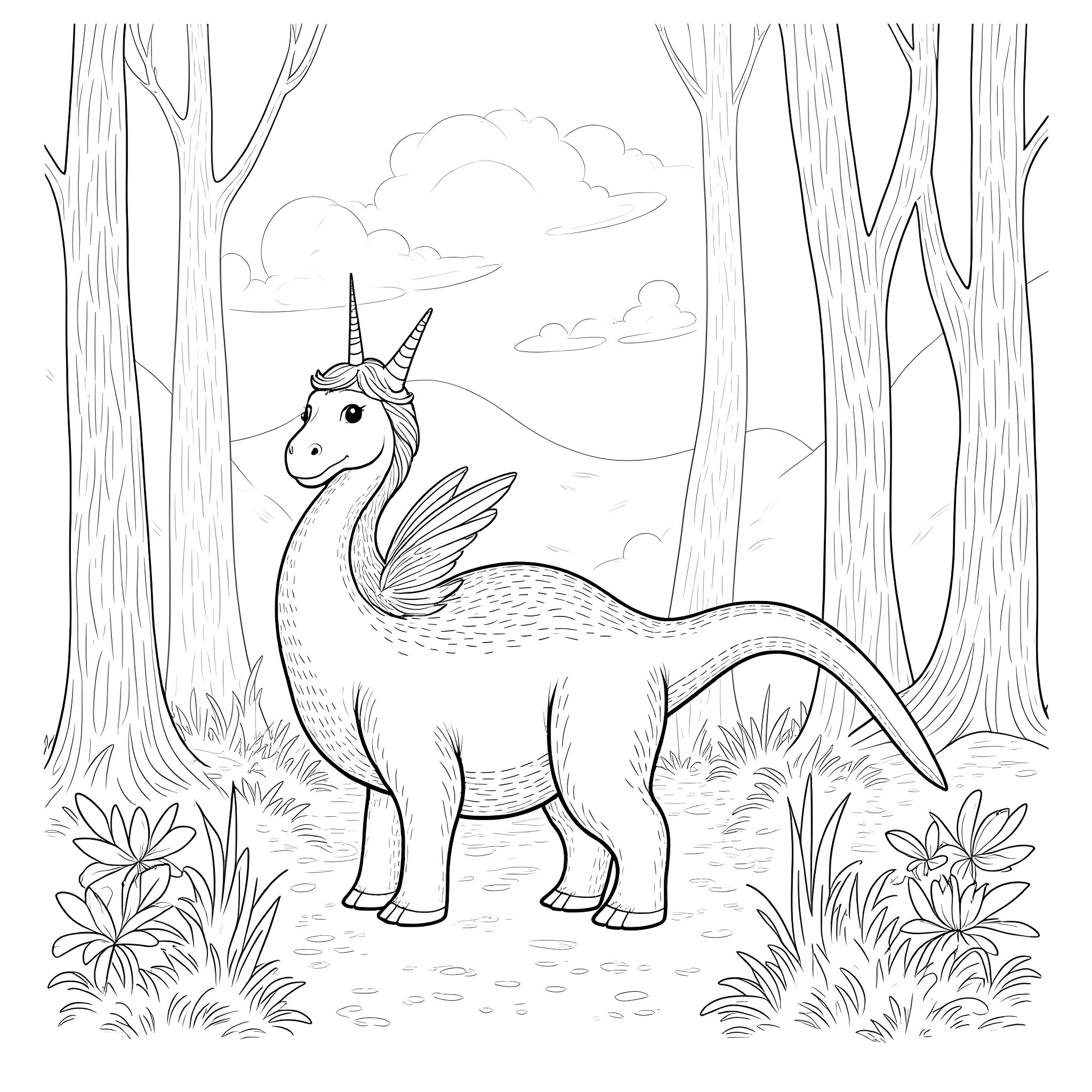 Dinosaur unicorn in a fantasy forest Coloring Page (free black-and-white line drawing printable PDF for all, from beginners to advanced learners, including children, teens, adults, and seniors)