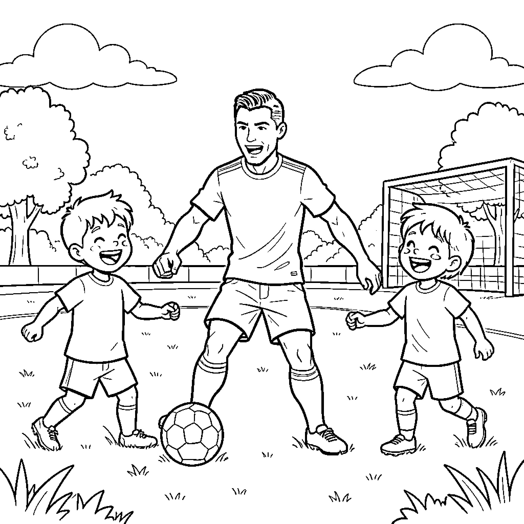 Ronaldo playing soccer with two happy children Coloring Page (free black-and-white line drawing printable PDF for all, from beginners to advanced learners, including children, teens, adults, and seniors)
