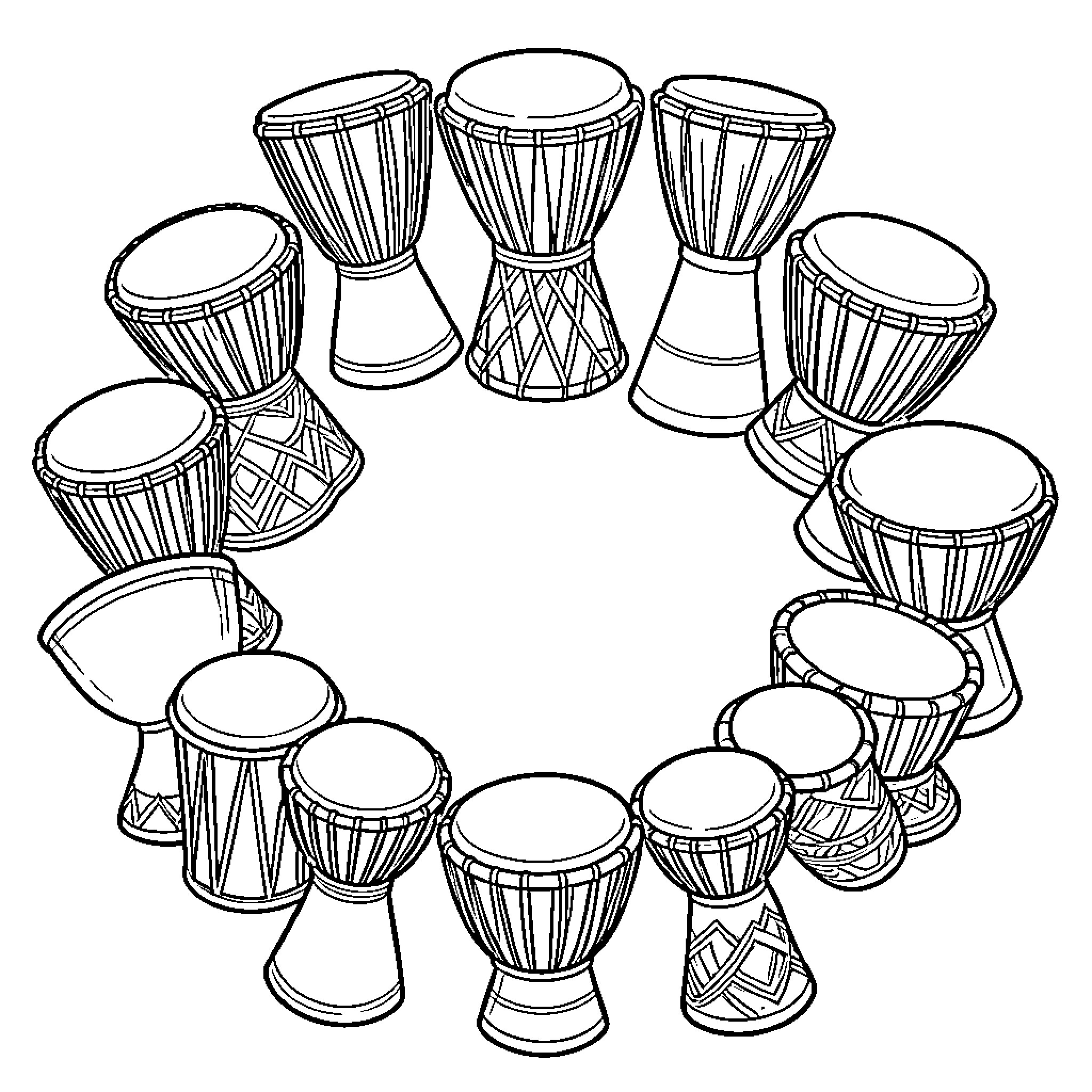 Drum circle of various percussion instruments Coloring Page (free black-and-white line drawing printable PDF for all, from beginners to advanced learners, including children, teens, adults, and seniors)
