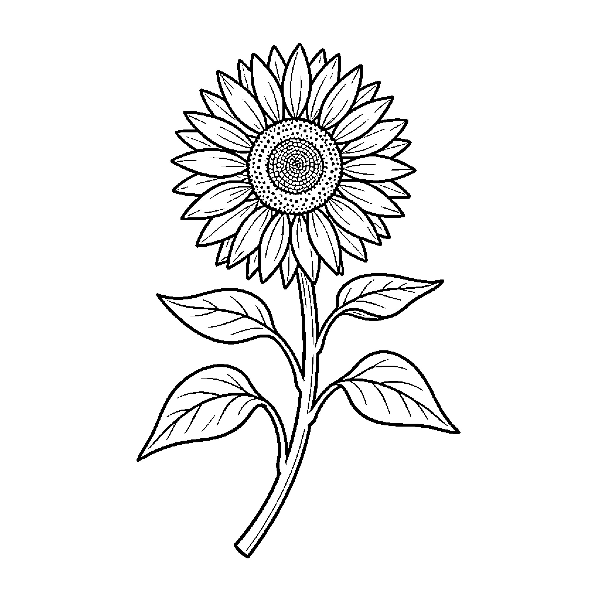 Sunflower blooming on a stem with leaves Coloring Page (free black-and-white line drawing printable PDF for all, from beginners to advanced learners, including children, teens, adults, and seniors)
