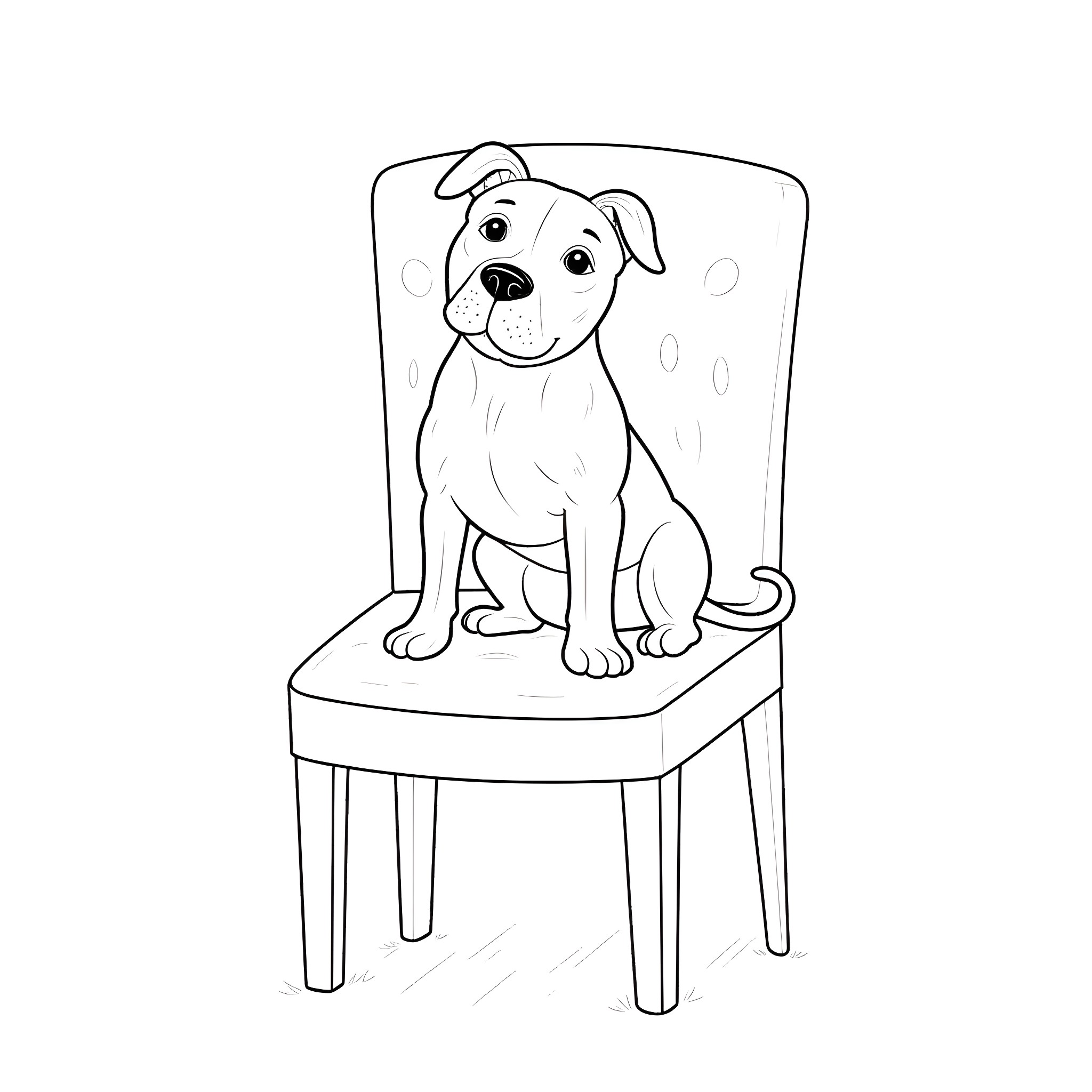 Pitbull sitting happily on a chair Coloring Page (free black-and-white line drawing printable PDF for all, from beginners to advanced learners, including children, teens, adults, and seniors)
