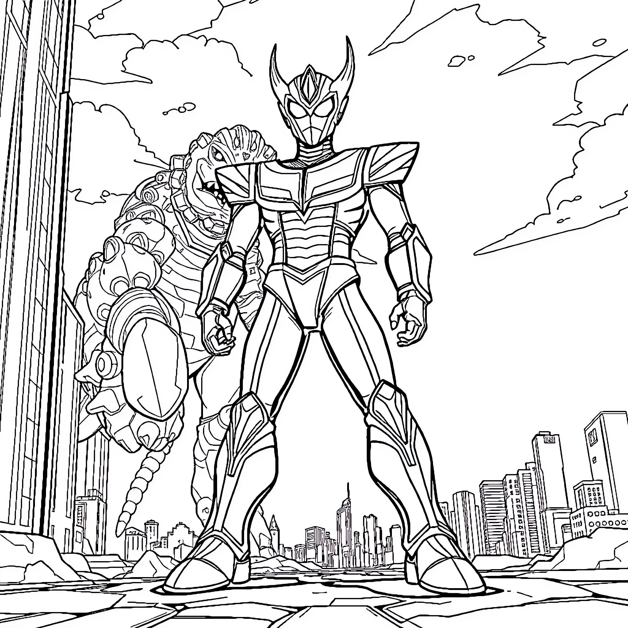 Ultraman heroically stands against an enemy in the city Coloring Page (free black-and-white line drawing printable PDF for all, from beginners to advanced learners, including children, teens, adults, and seniors)