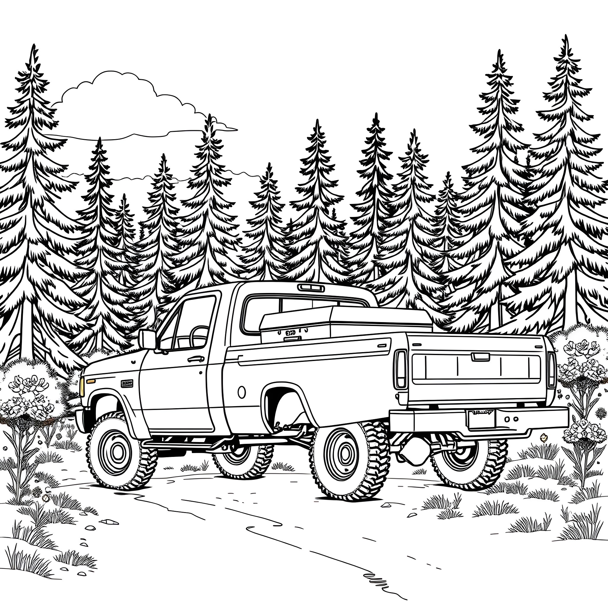 Pick Up Truck Navigating Rugged Terrain in the Woods Coloring Page (free black-and-white line drawing printable PDF for all, from beginners to advanced learners, including children, teens, adults, and seniors)