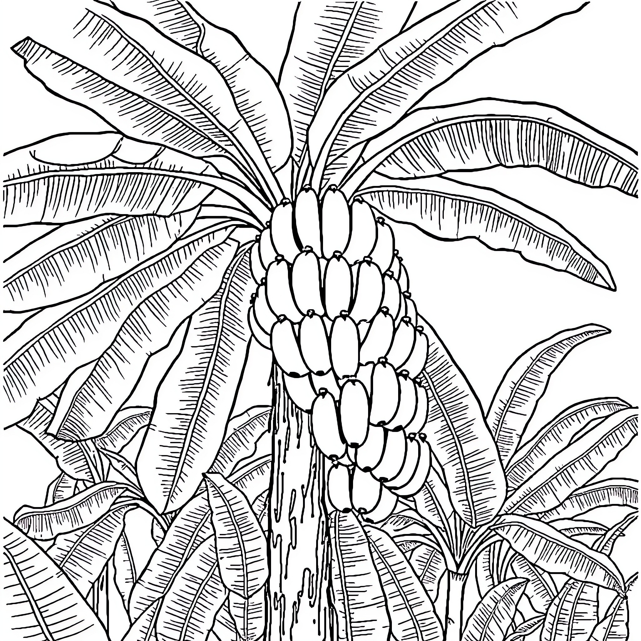 Banana tree with lush foliage and ripe bunches Coloring Page (free black-and-white line drawing printable PDF for all, from beginners to advanced learners, including children, teens, adults, and seniors)