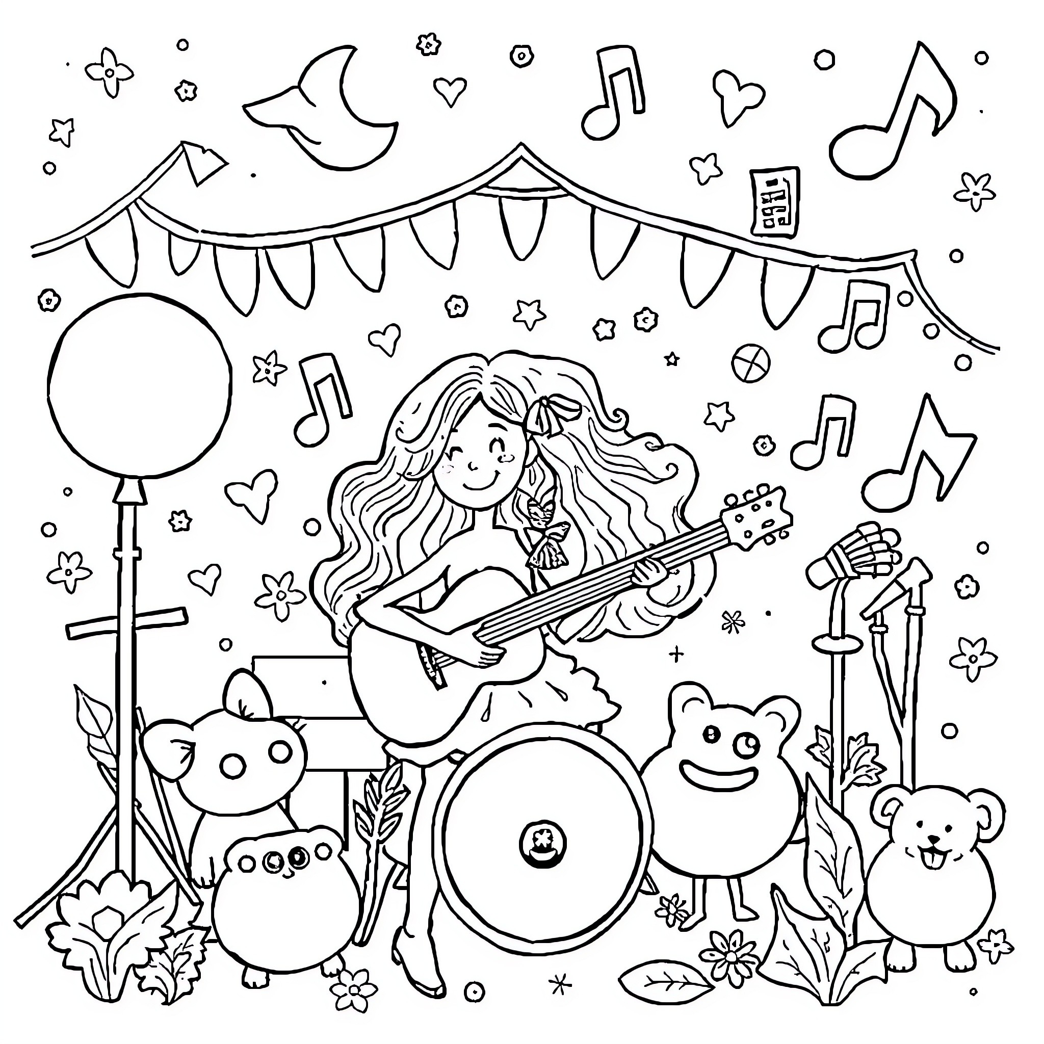 Ms Rachel's Joyful Musical Performance with Animal Friends Coloring Page (free black-and-white line drawing printable PDF for all, from beginners to advanced learners, including children, teens, adults, and seniors)