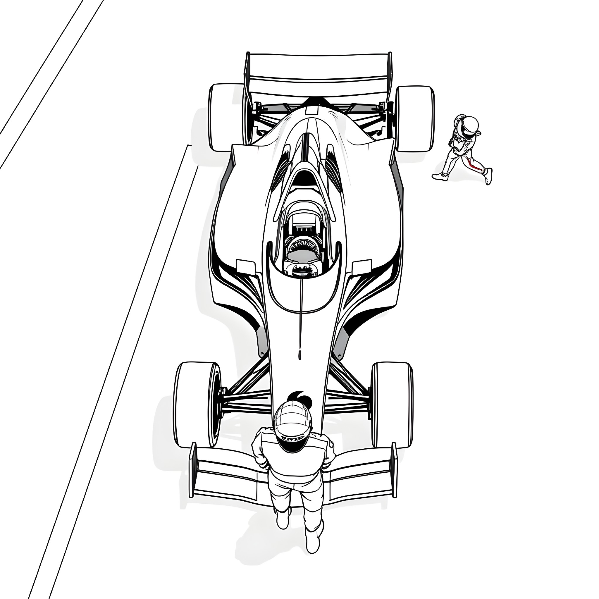 Formula 1 Car Speeding on the Track Coloring Page (free black-and-white line drawing printable PDF for all, from beginners to advanced learners, including children, teens, adults, and seniors)