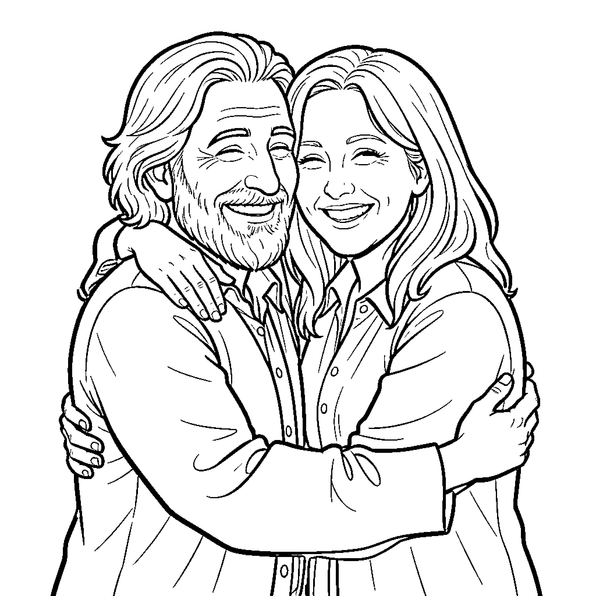 Rumi's Warm Embrace: Two Joyful Souls Coloring Page (free black-and-white line drawing printable PDF for all, from beginners to advanced learners, including children, teens, adults, and seniors)