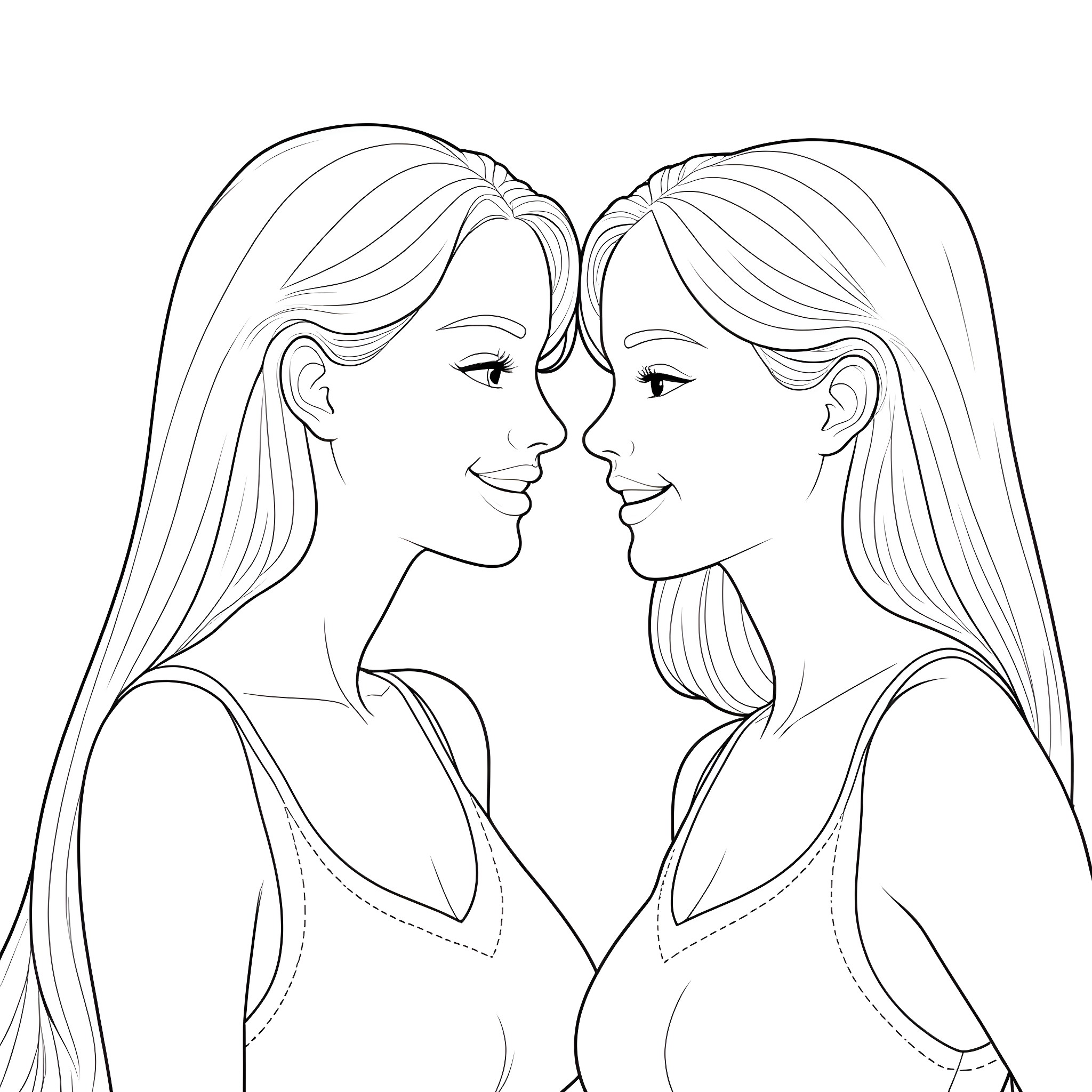 Women Sharing a Friendly Moment Coloring Page (free black-and-white line drawing printable PDF for all, from beginners to advanced learners, including children, teens, adults, and seniors)