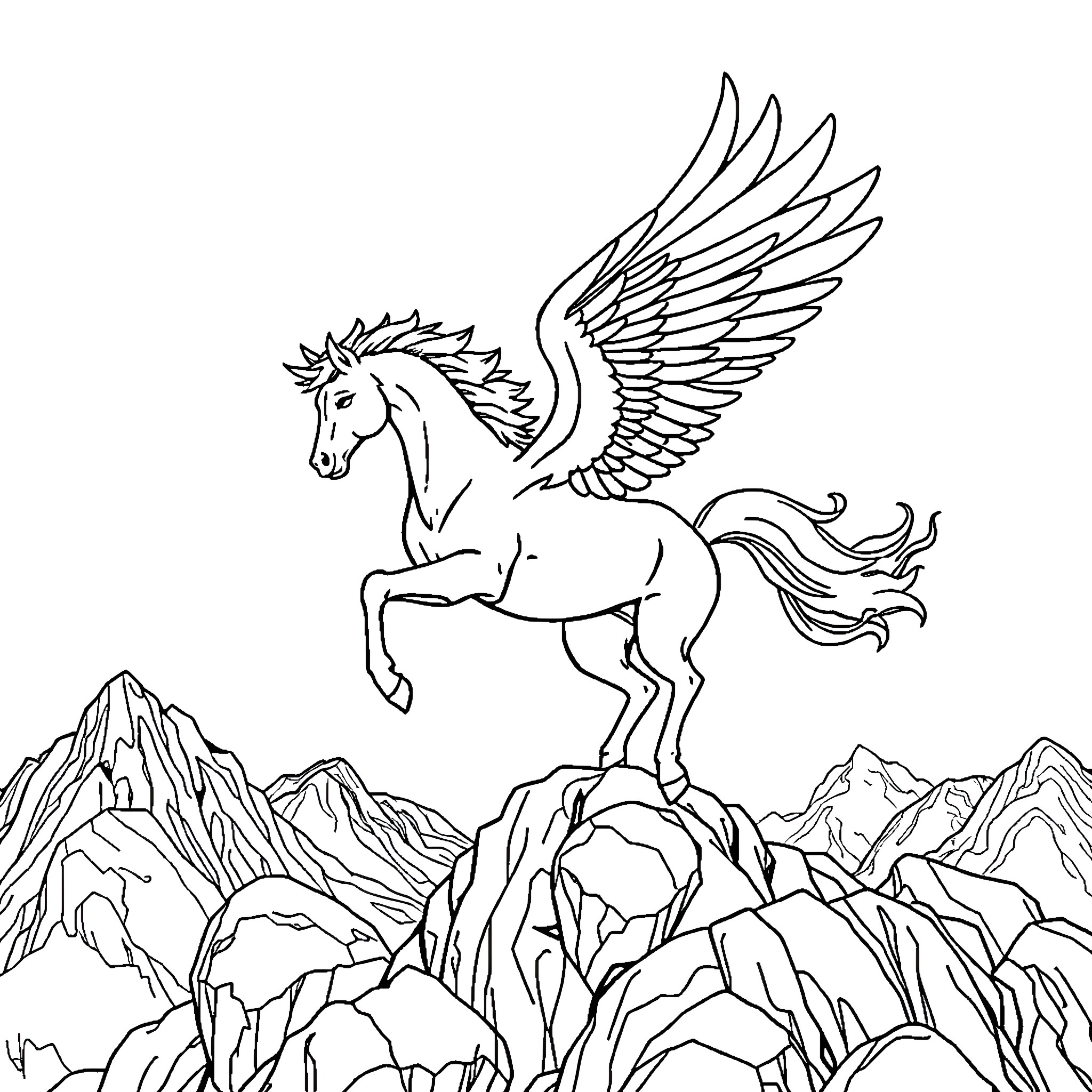 Pegasus soaring over majestic mountains Coloring Page (free black-and-white line drawing printable PDF for all, from beginners to advanced learners, including children, teens, adults, and seniors)