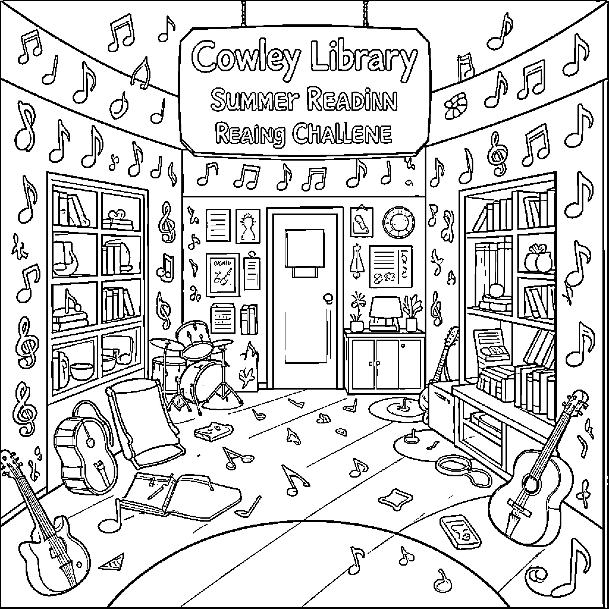Music notes floating in a library room filled with instruments Coloring Page (free black-and-white line drawing printable PDF for all, from beginners to advanced learners, including children, teens, adults, and seniors)