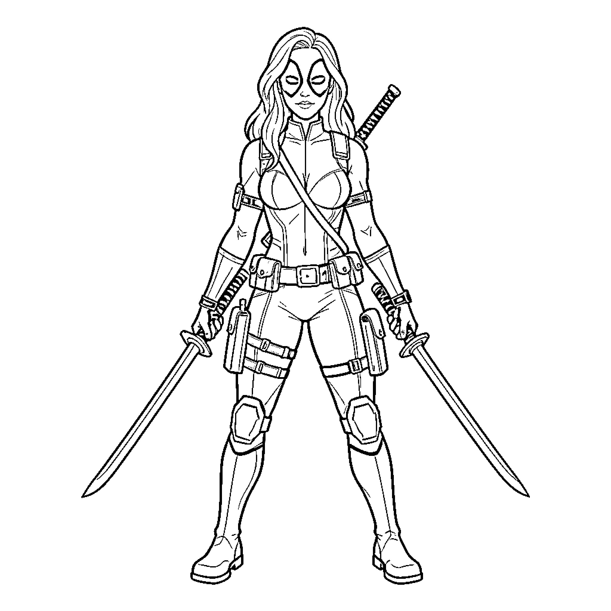Lady Deadpool standing heroically with dual swords Coloring Page (free black-and-white line drawing printable PDF for all, from beginners to advanced learners, including children, teens, adults, and seniors)