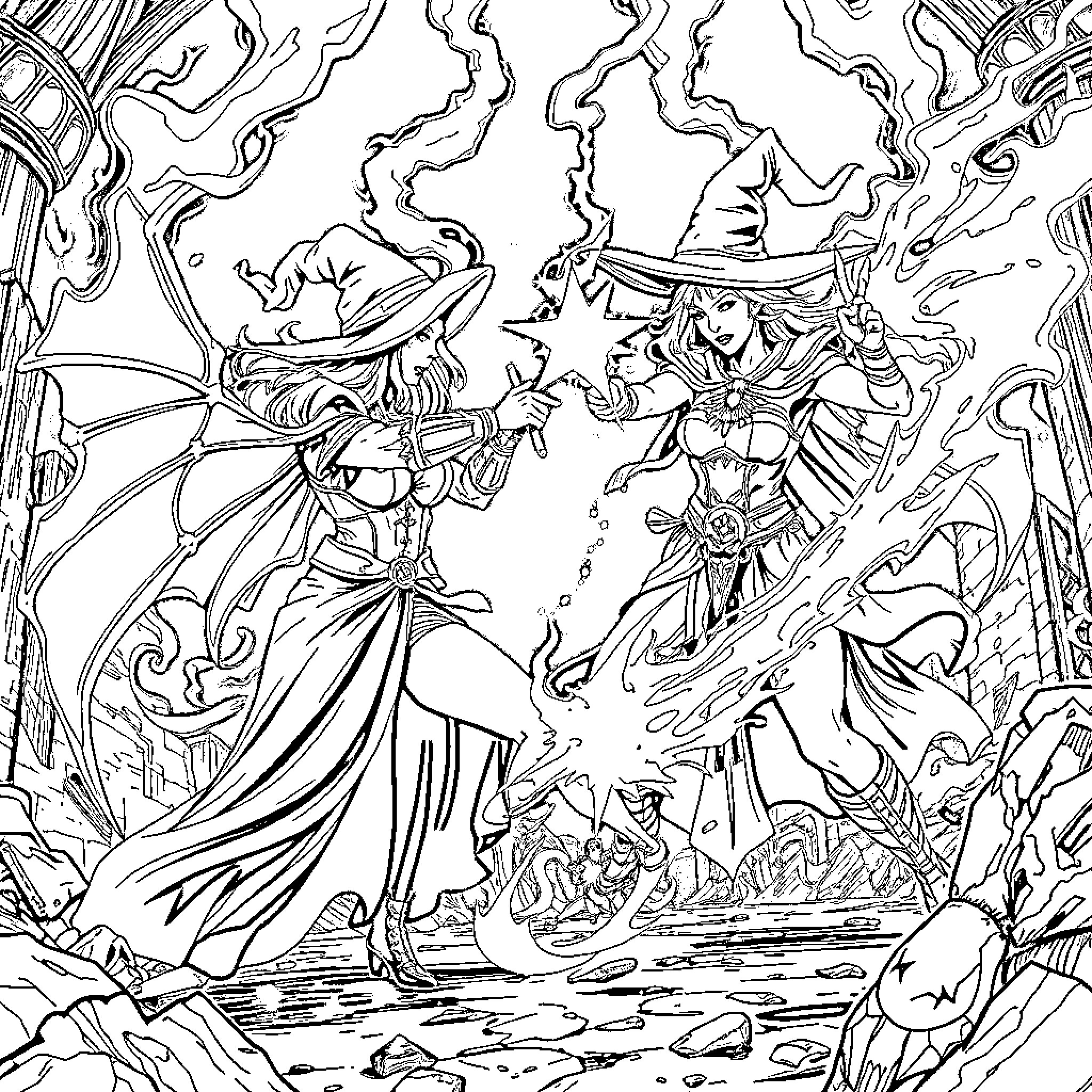 Sorceress Battles Fantastical Creature in Magical Realm Coloring Page (free black-and-white line drawing printable PDF for all, from beginners to advanced learners, including children, teens, adults, and seniors)