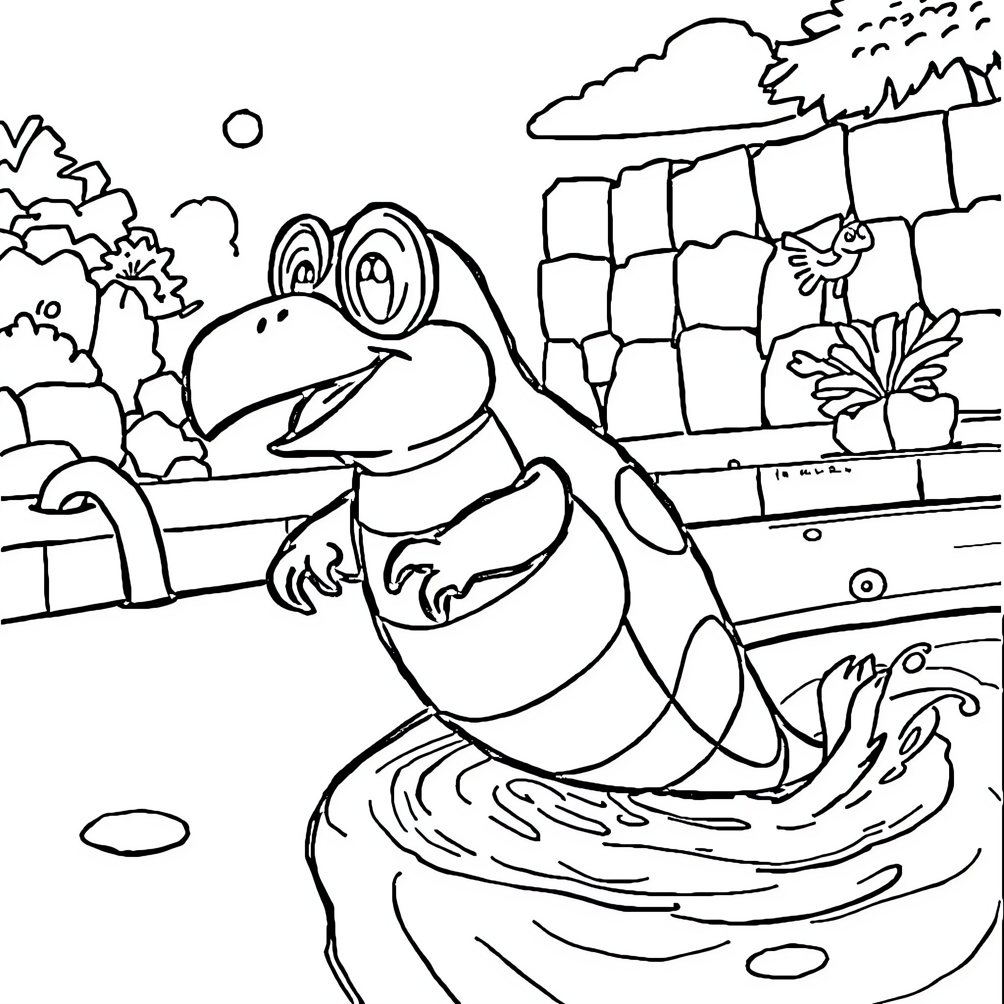 Paw Patrol pup relaxing in a pool Coloring Page (free black-and-white line drawing printable PDF for all, from beginners to advanced learners, including children, teens, adults, and seniors)