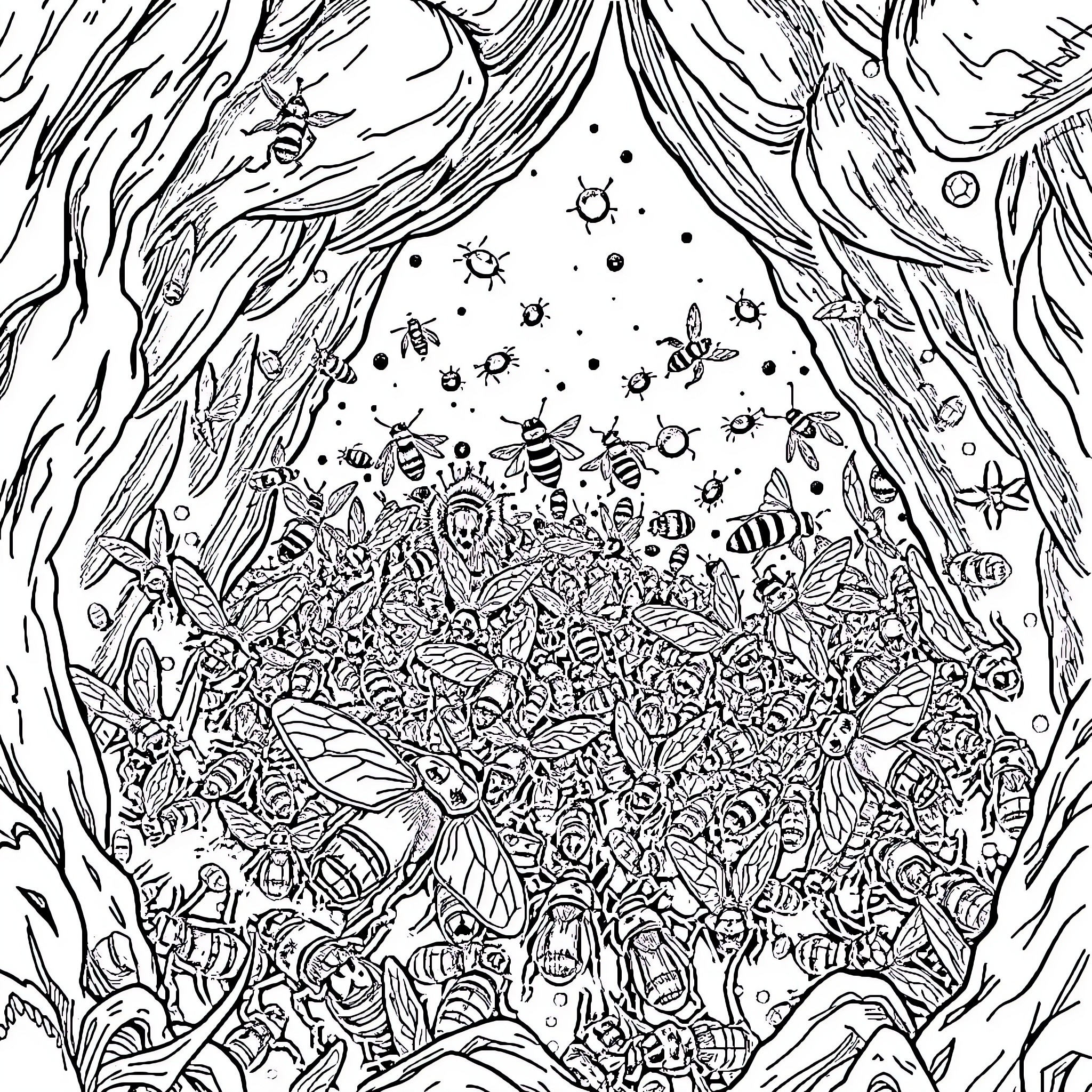 Insect Wonderland in Black and White Coloring Page (free black-and-white line drawing printable PDF for all, from beginners to advanced learners, including children, teens, adults, and seniors)