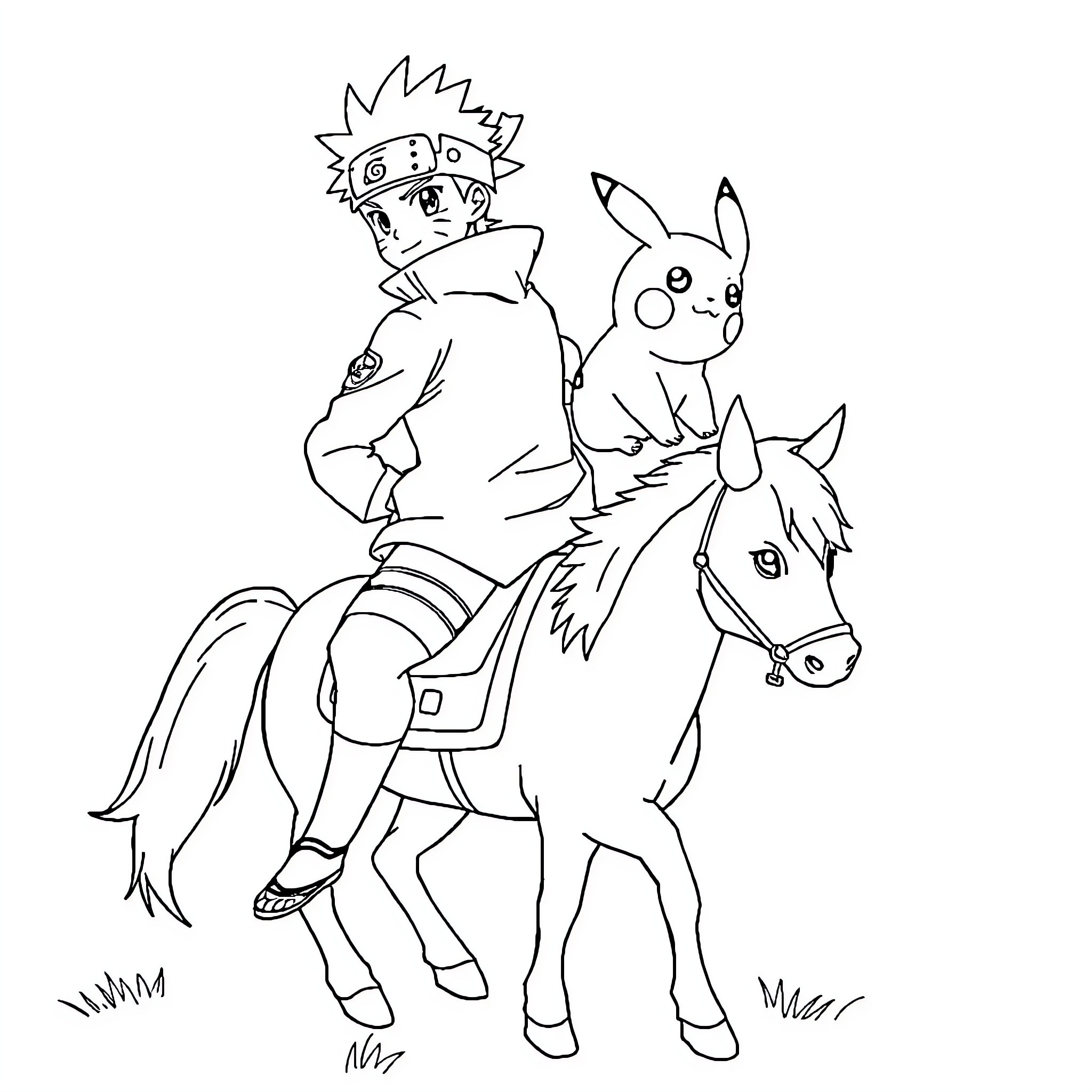 Naruto riding a horse with Pikachu Coloring Page (free black-and-white line drawing printable PDF for all, from beginners to advanced learners, including children, teens, adults, and seniors)