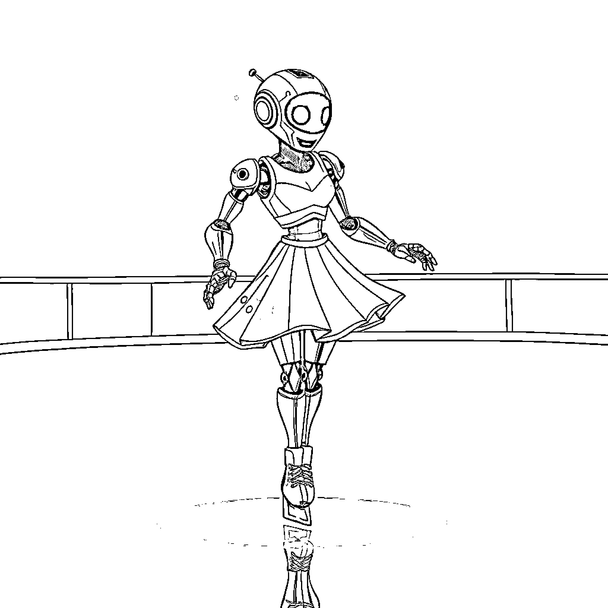 Robot dancing gracefully on a stage Coloring Page (free black-and-white line drawing printable PDF for all, from beginners to advanced learners, including children, teens, adults, and seniors)