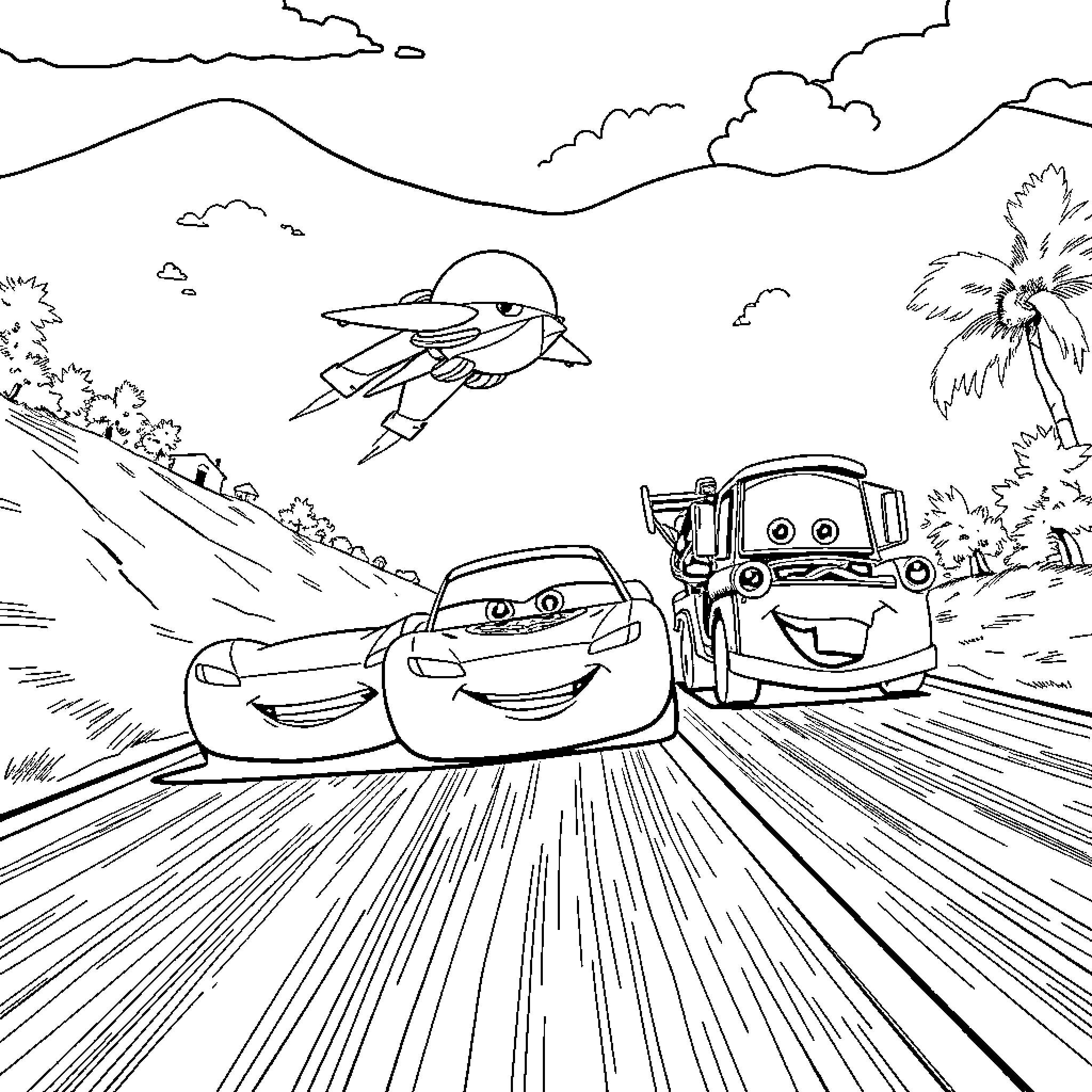 McQueen's Crazy Race Through the Scenic Countryside Coloring Page (free black-and-white line drawing printable PDF for all, from beginners to advanced learners, including children, teens, adults, and seniors)