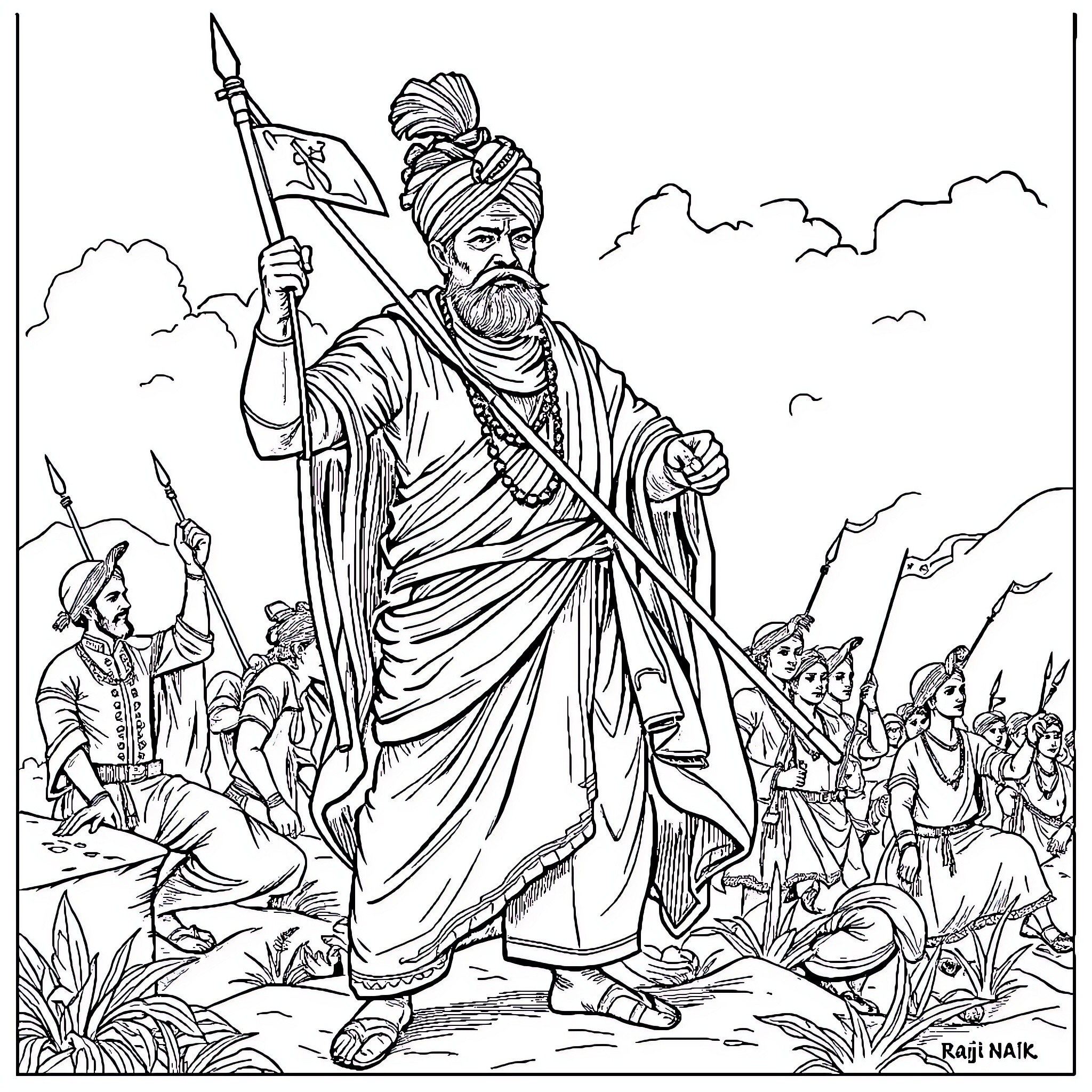 Raje Umaji Naik leading his warriors in battle Coloring Page (free black-and-white line drawing printable PDF for all, from beginners to advanced learners, including children, teens, adults, and seniors)