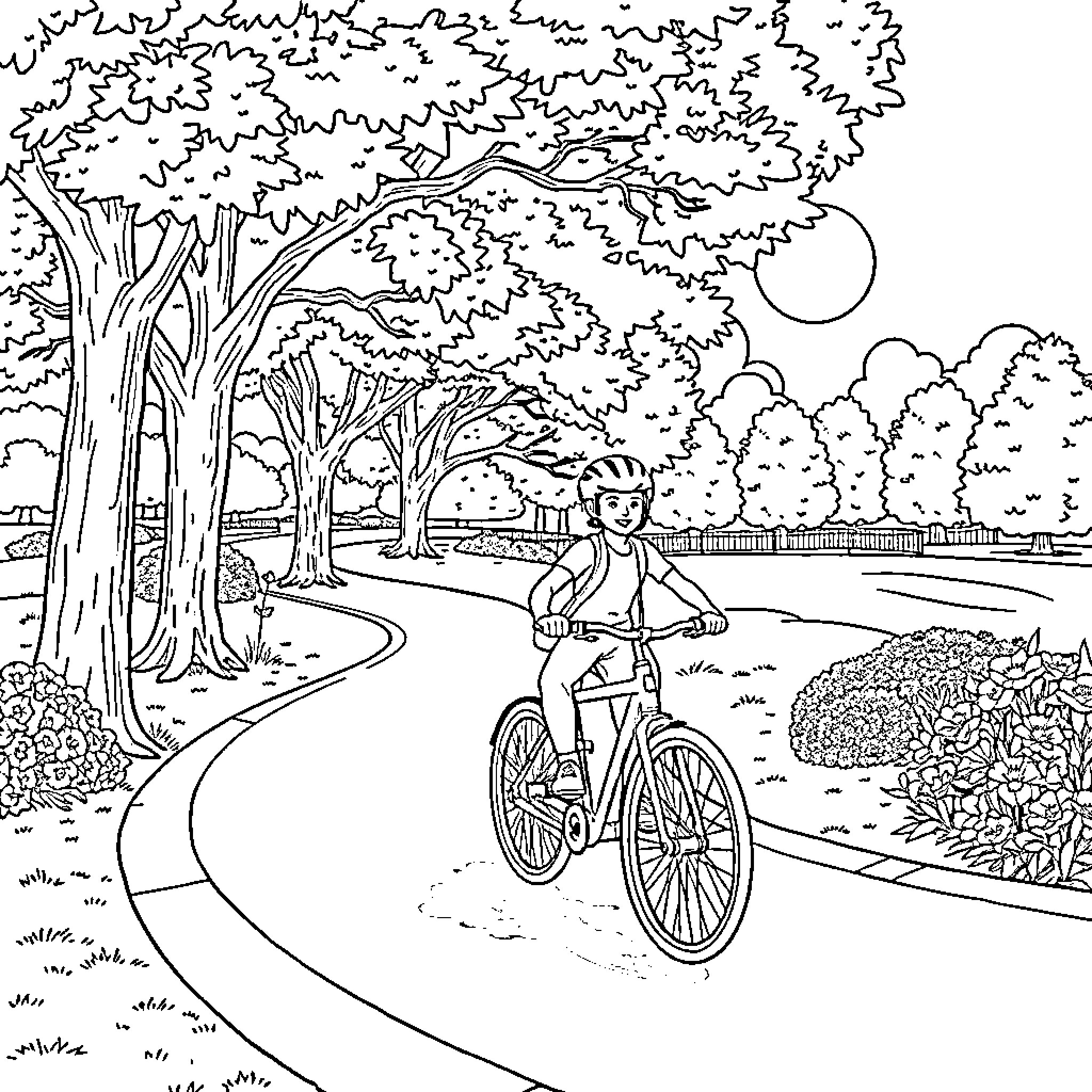 Alex Briesacher riding bicycle on scenic path Coloring Page (free black-and-white line drawing printable PDF for all, from beginners to advanced learners, including children, teens, adults, and seniors)