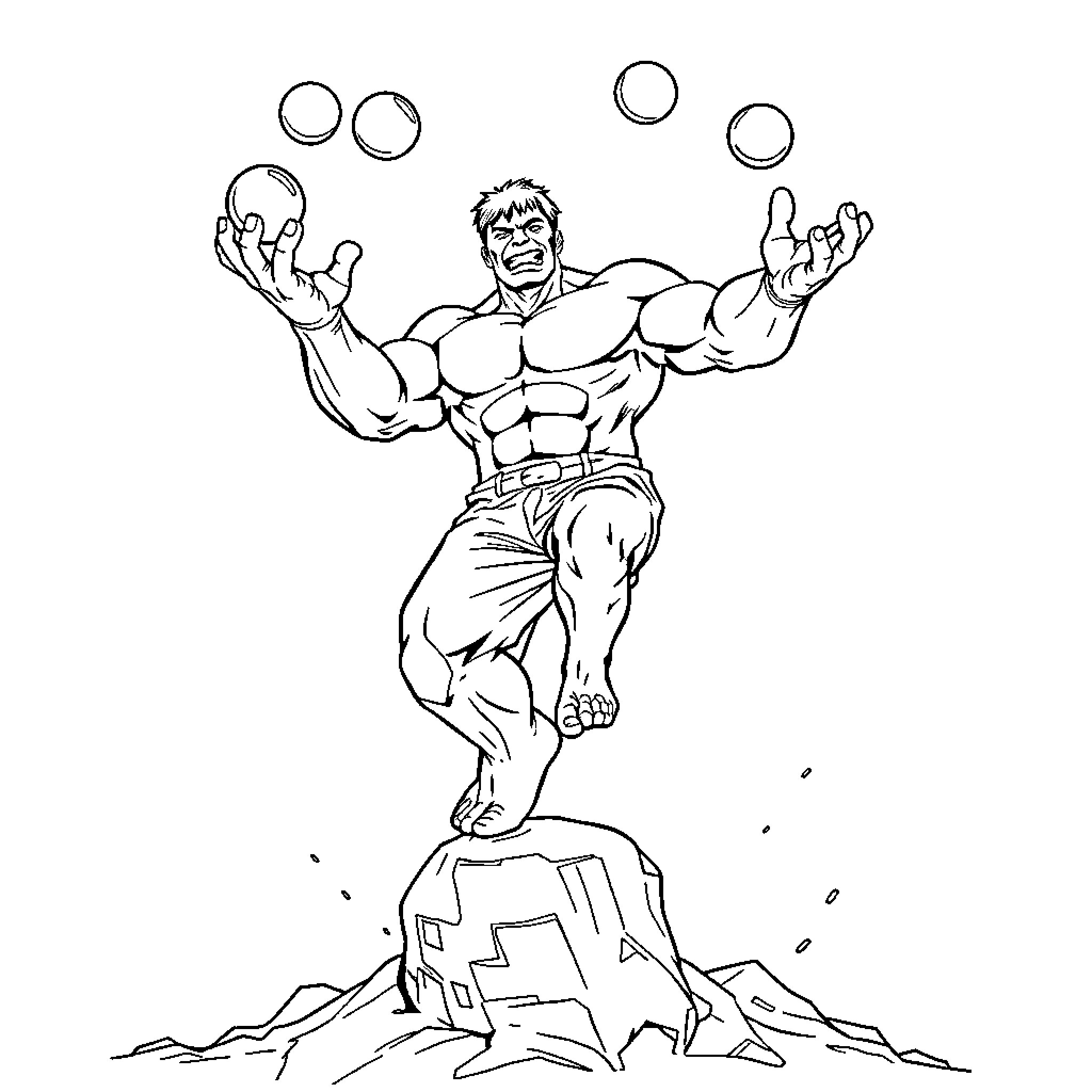 Hulk smashing through rocks and throwing objects Coloring Page (free black-and-white line drawing printable PDF for all, from beginners to advanced learners, including children, teens, adults, and seniors)