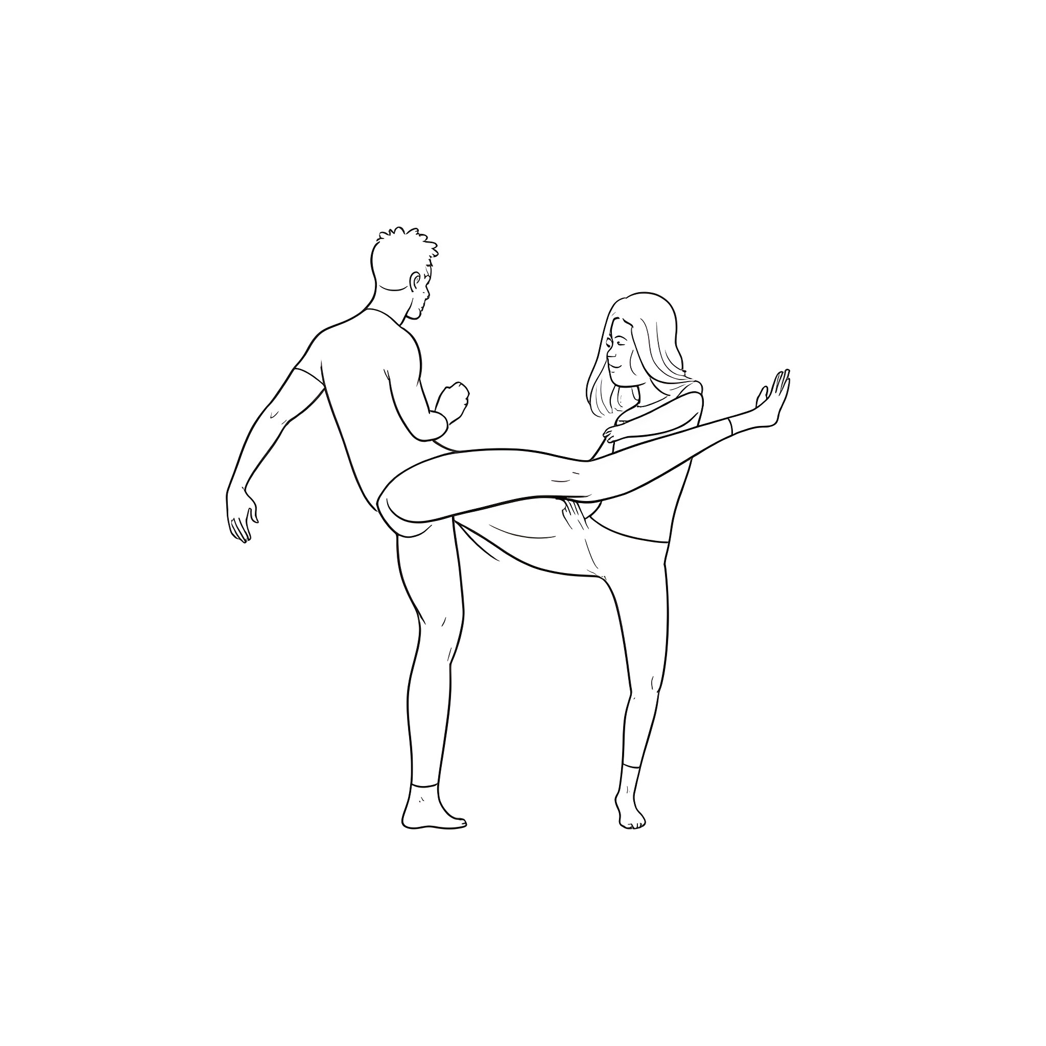 Man and woman exercising together Coloring Page (free black-and-white line drawing printable PDF for all, from beginners to advanced learners, including children, teens, adults, and seniors)