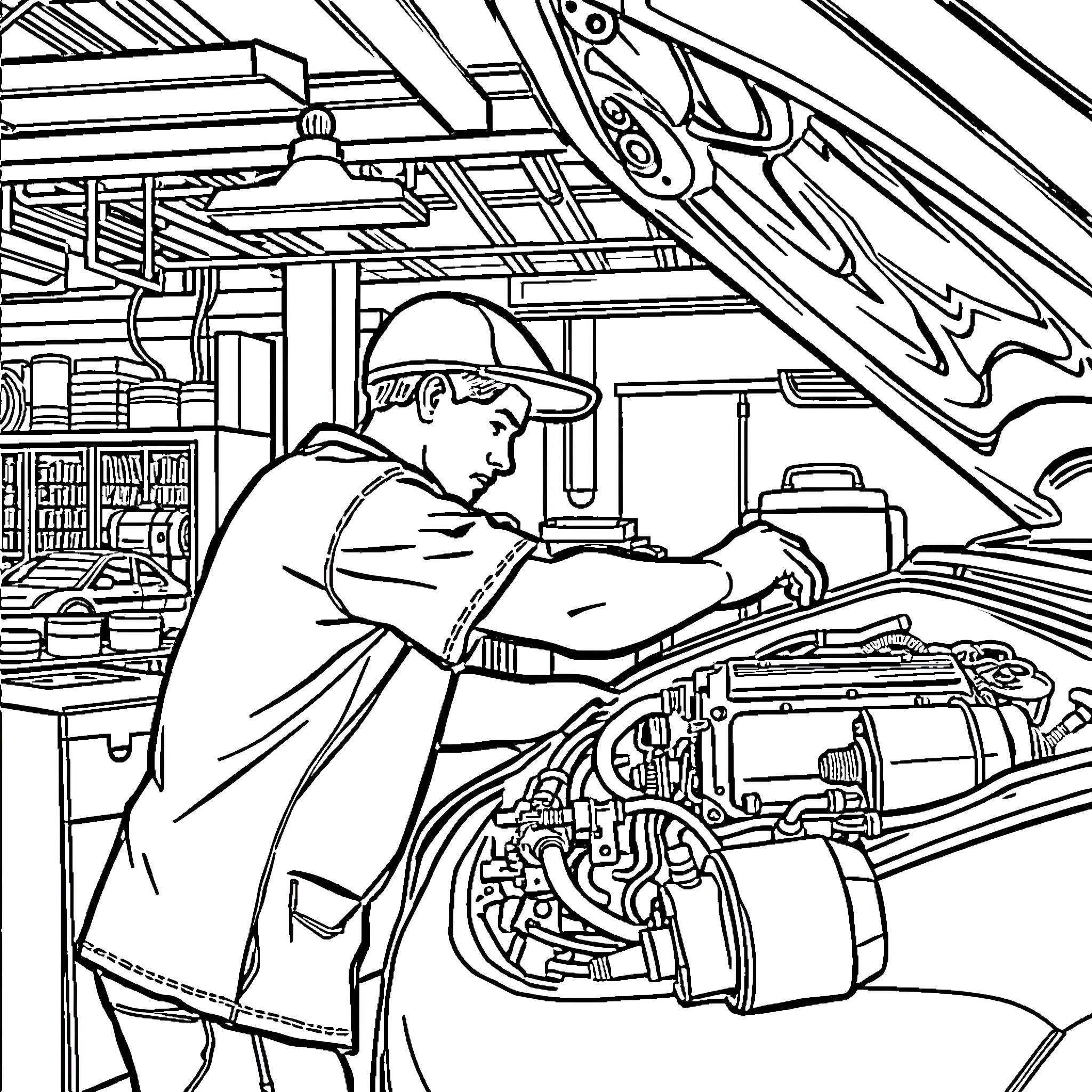 Mechanic working diligently on engine repair Coloring Page (free black-and-white line drawing printable PDF for all, from beginners to advanced learners, including children, teens, adults, and seniors)